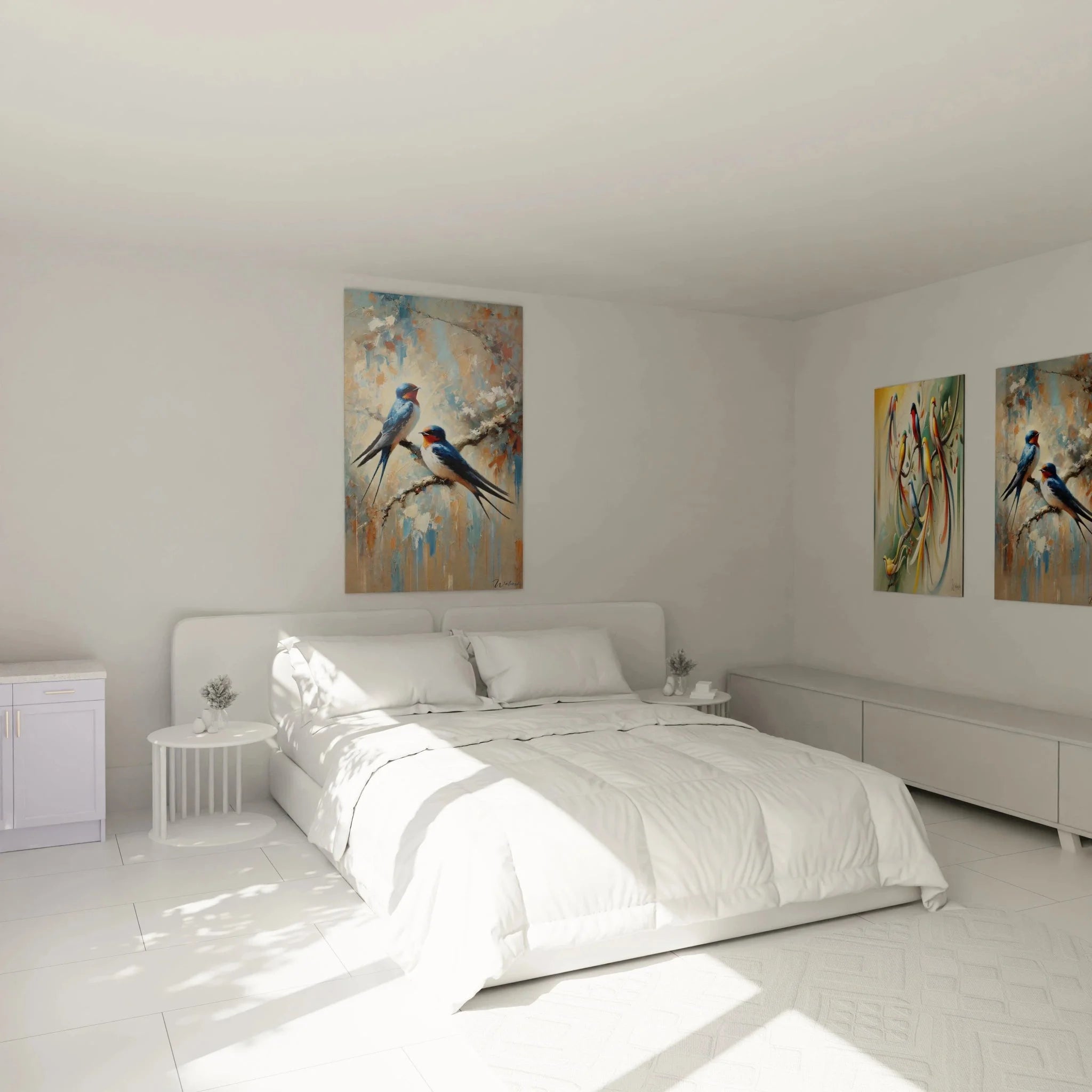 Schwalben Wandbild XXL in Schlafzimmer Ambiente, Premium Vogel Leinwandkunst Dekoration