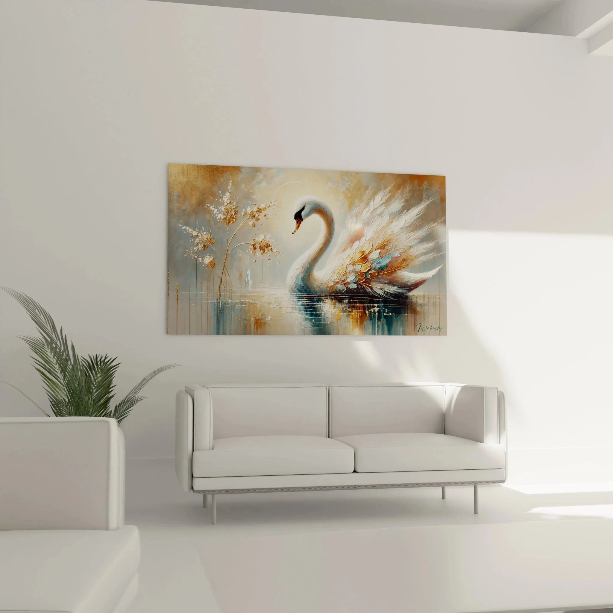 Detailansicht Schwan Kunstdruck zeigt feine Federstruktur und warme Farbübergänge in hoher Auflösung