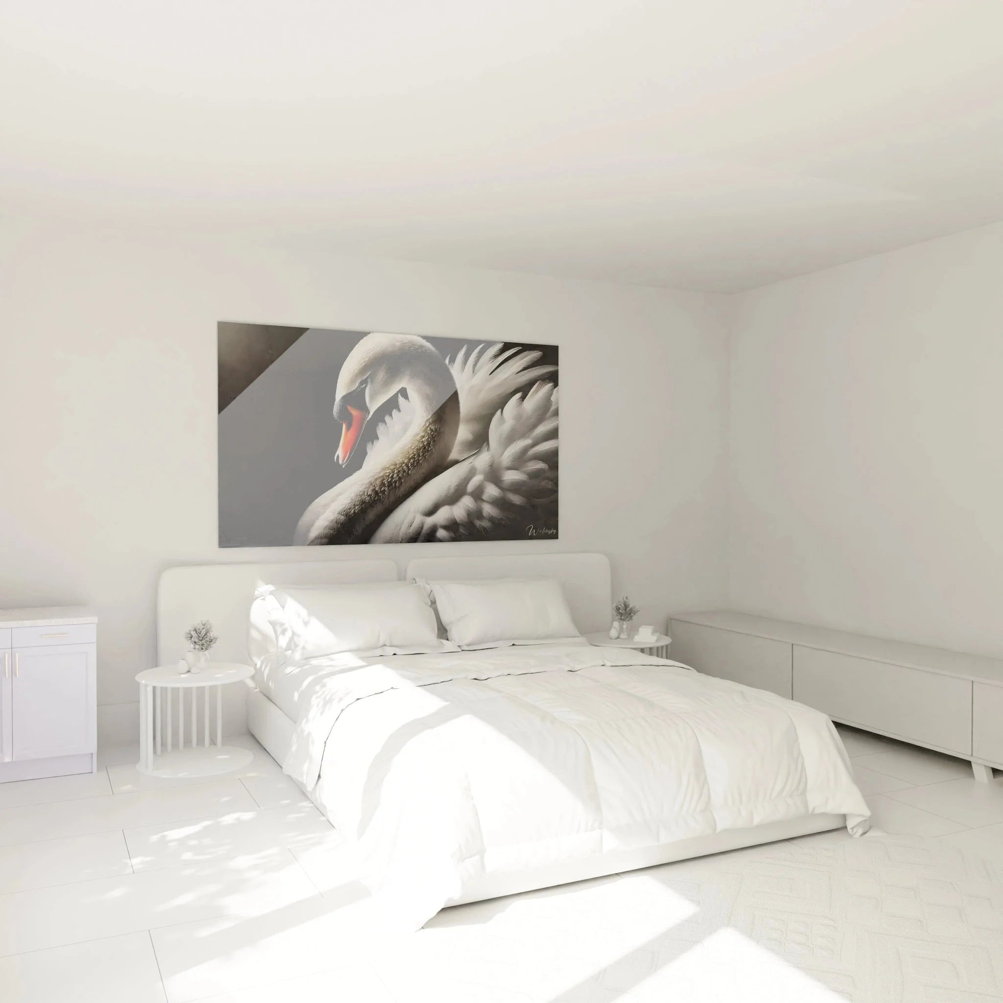 Schwan Wandbild XXL in elegantem Schlafzimmer als stilvolle Wanddekoration mit natürlicher Ausstrahlung