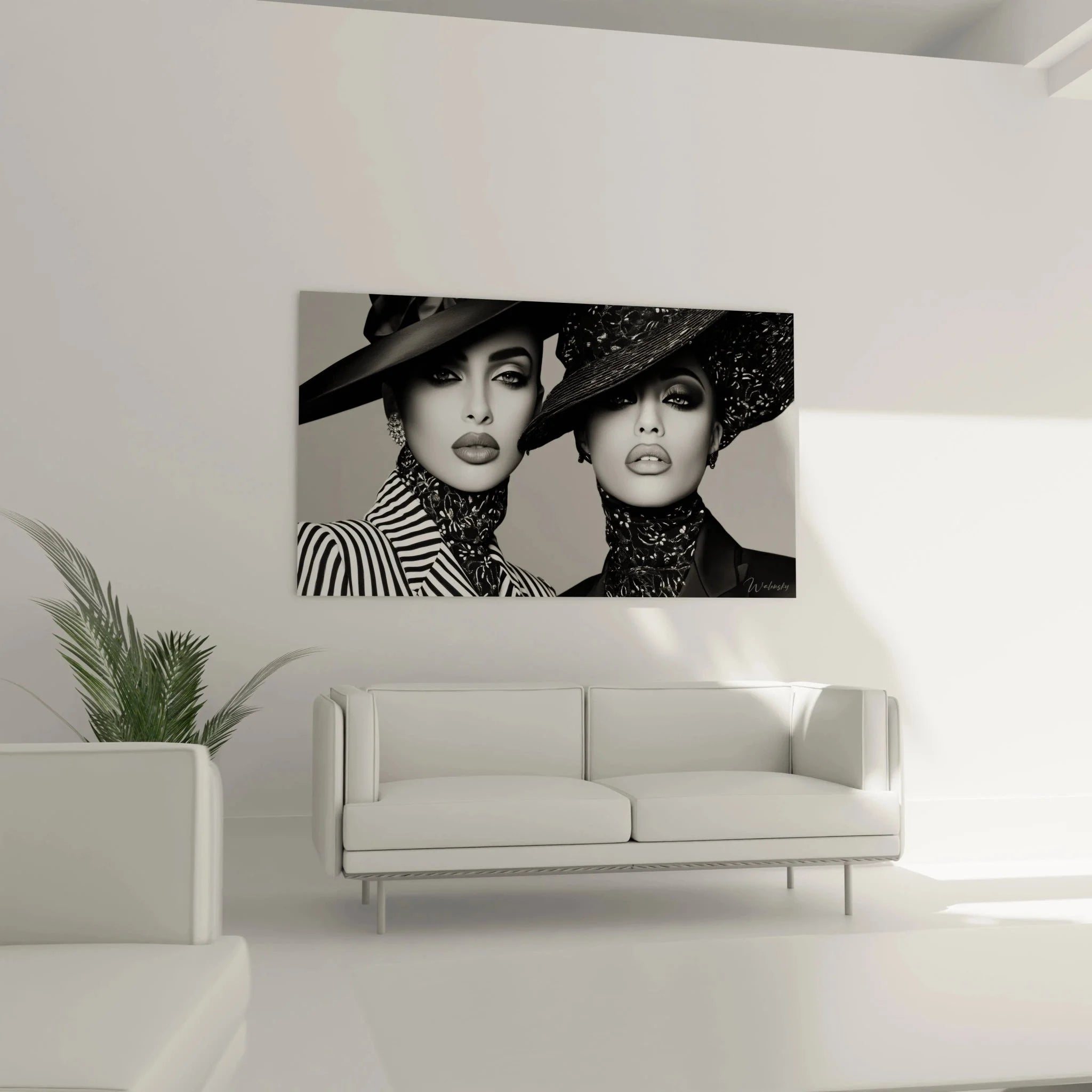 Detailansicht schwarz-weiß Mode Wandbild - Elegante Frau mit gestreiftem Hut und intensivem Blick Nahaufnahme