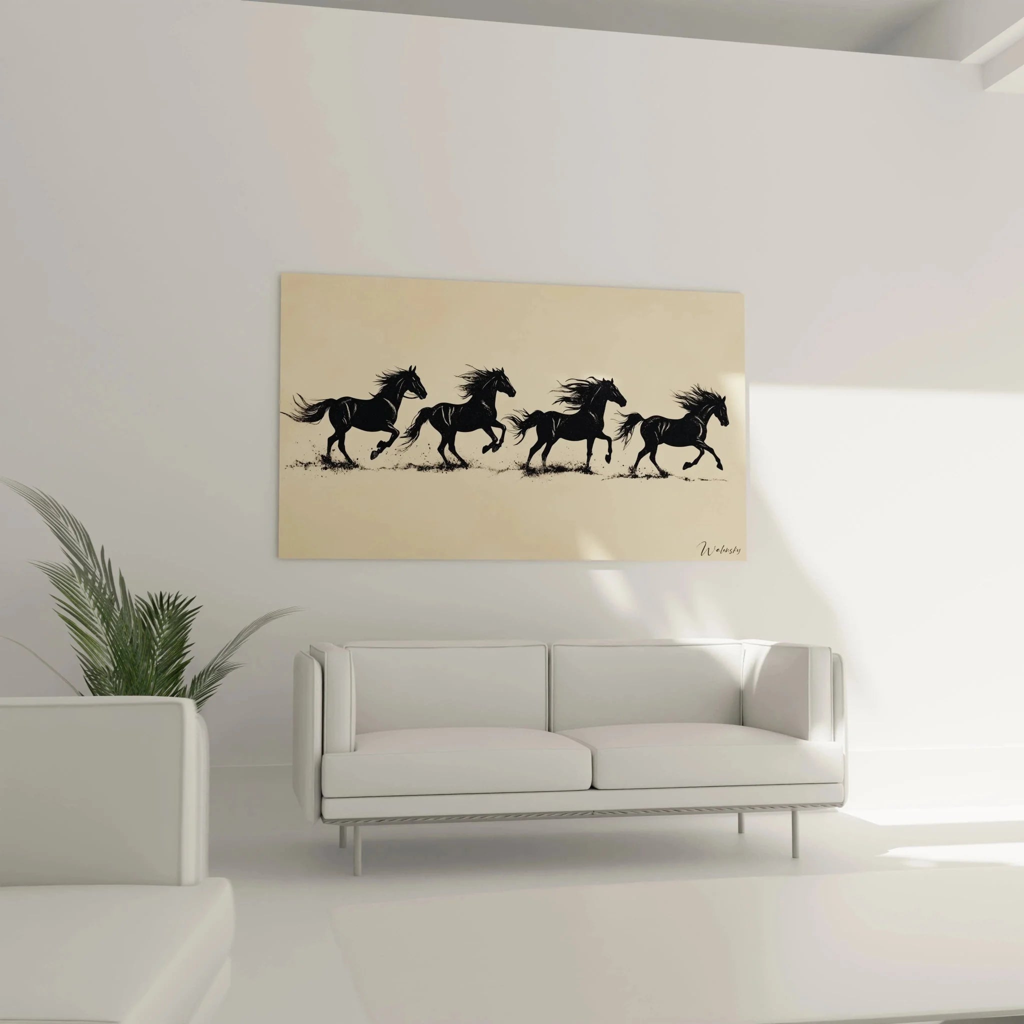 Detailansicht schwarze Pferde Wandbild mit dynamischen Silhouetten und Mähnen