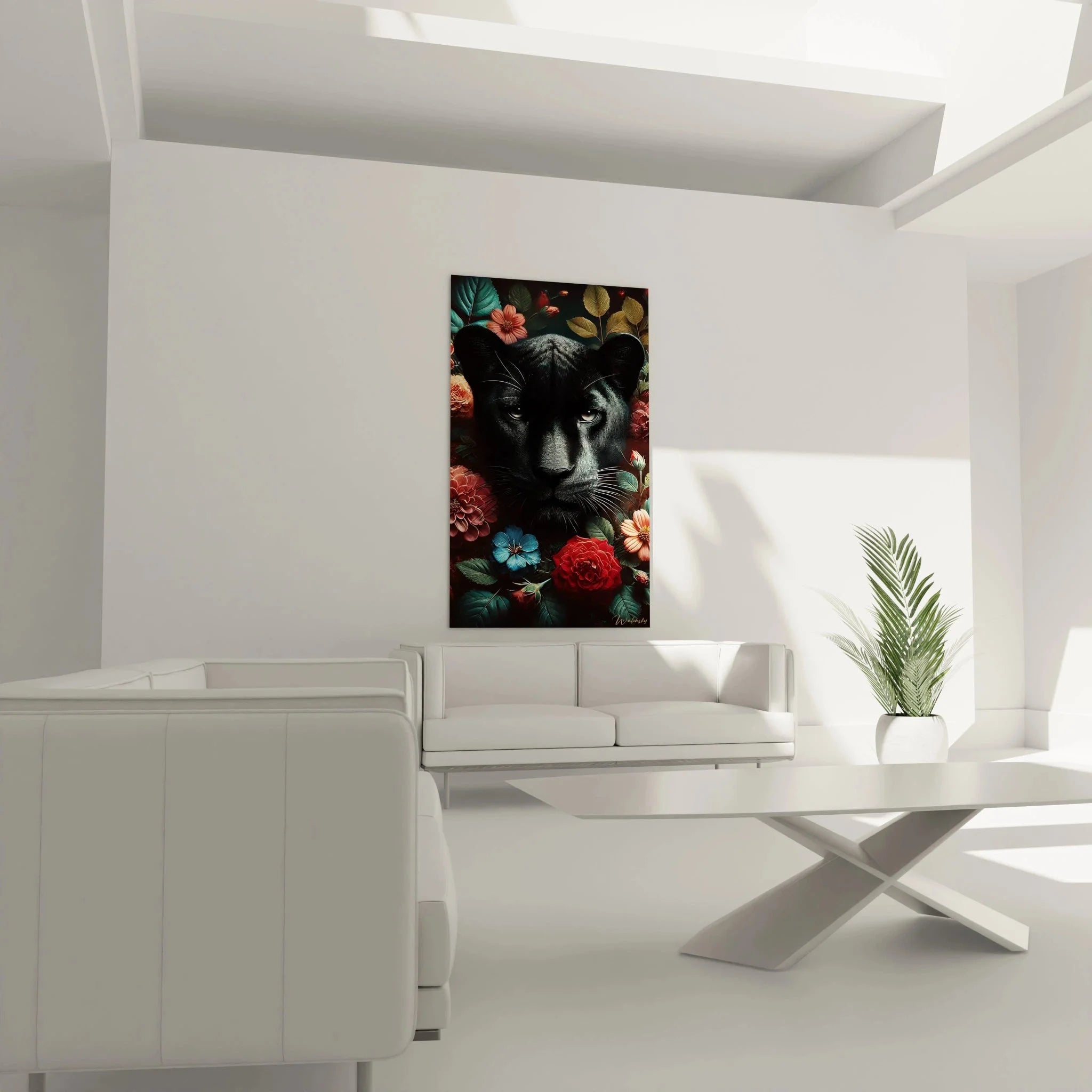 Detailansicht schwarzer Panther Wandbild - intensive Augen zwischen farbigen Blüten