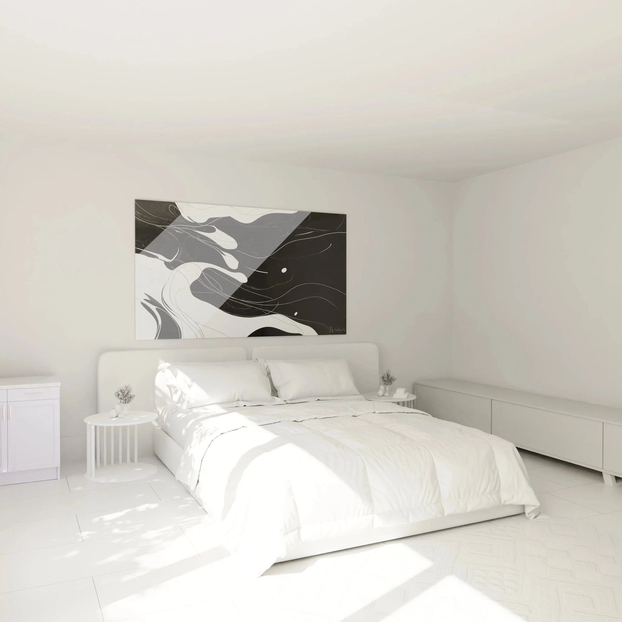 Schwarzweißes abstraktes Wandbild über dem Bett in modernem Schlafzimmer