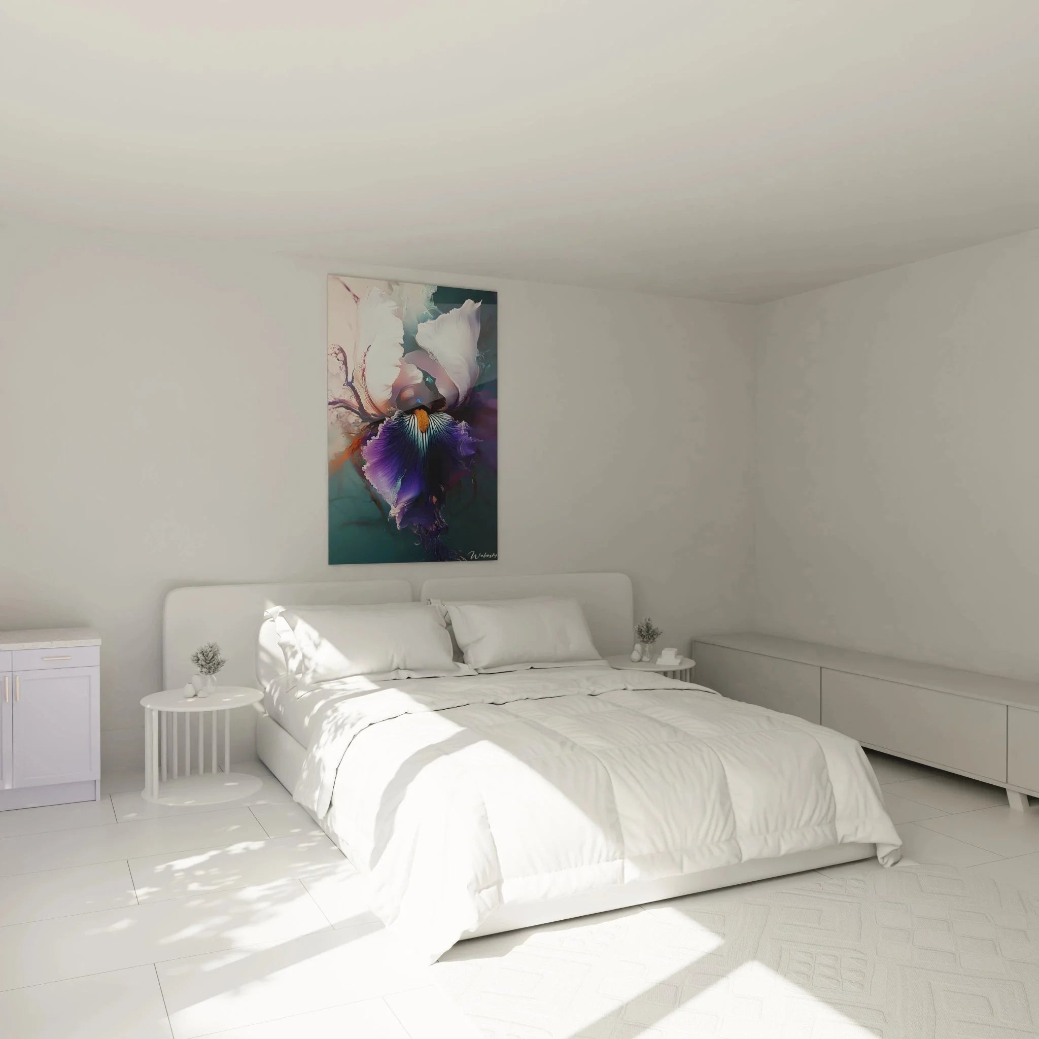 Modernes Wandbild Schwertlilie in violetten Farben als Schlafzimmer Dekoration