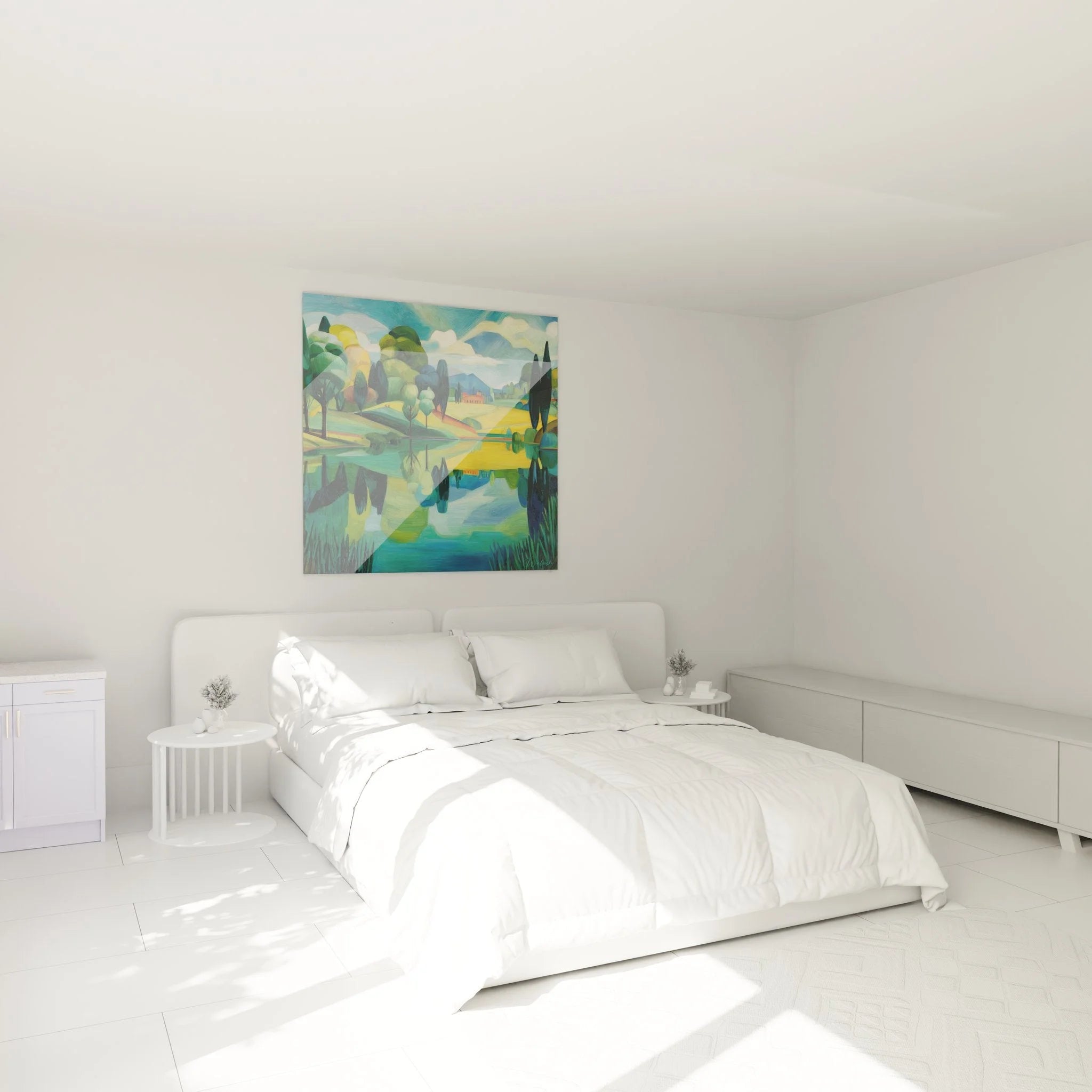 Idyllisches Seelandschaft Wandbild in modernem Schlafzimmer, ruhige Atmosphäre mit Naturmotiv
