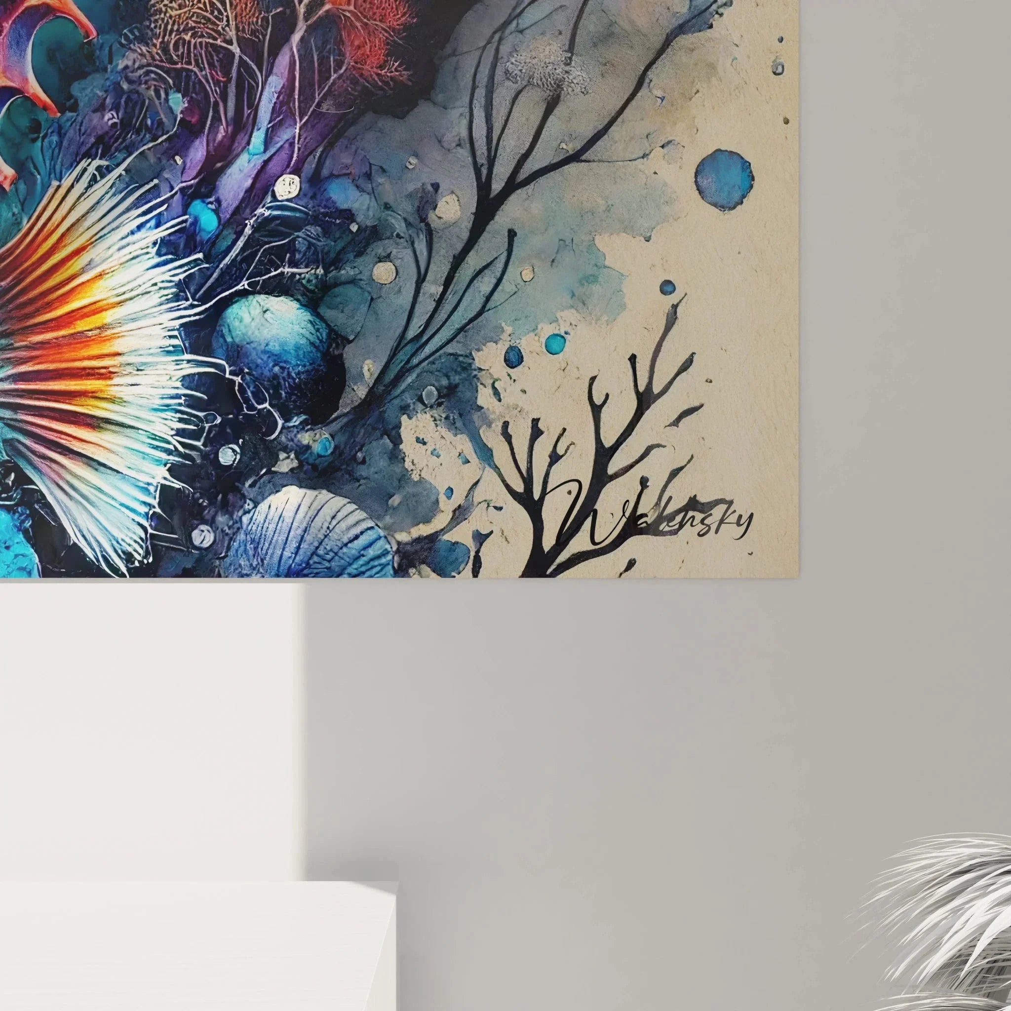 Gesamtansicht buntes Seepferdchen Leinwandbild mit Unterwasser-Motiven in Aquarell-Technik