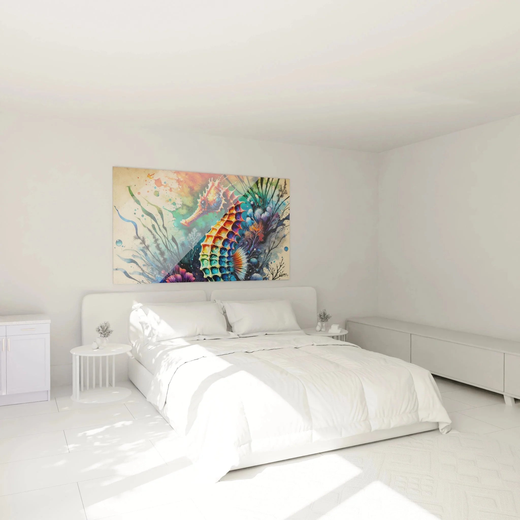 Seepferdchen Wandbild XXL in Schlafzimmer-Ambiente mit moderner Einrichtung und warmer Beleuchtung