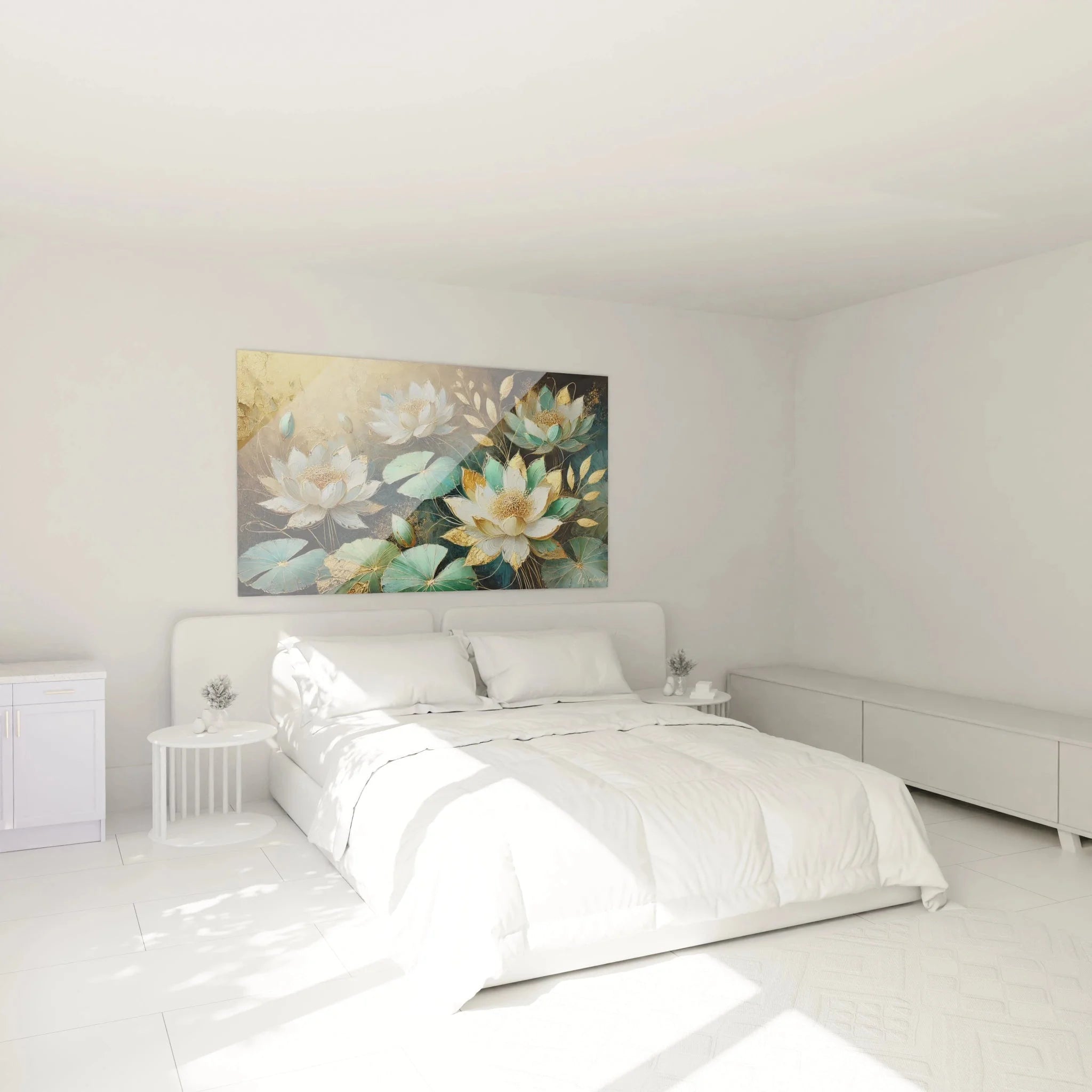 Seerose Wandbild im Schlafzimmer - elegante Lotus Kunstdruck Wanddekoration über dem Bett