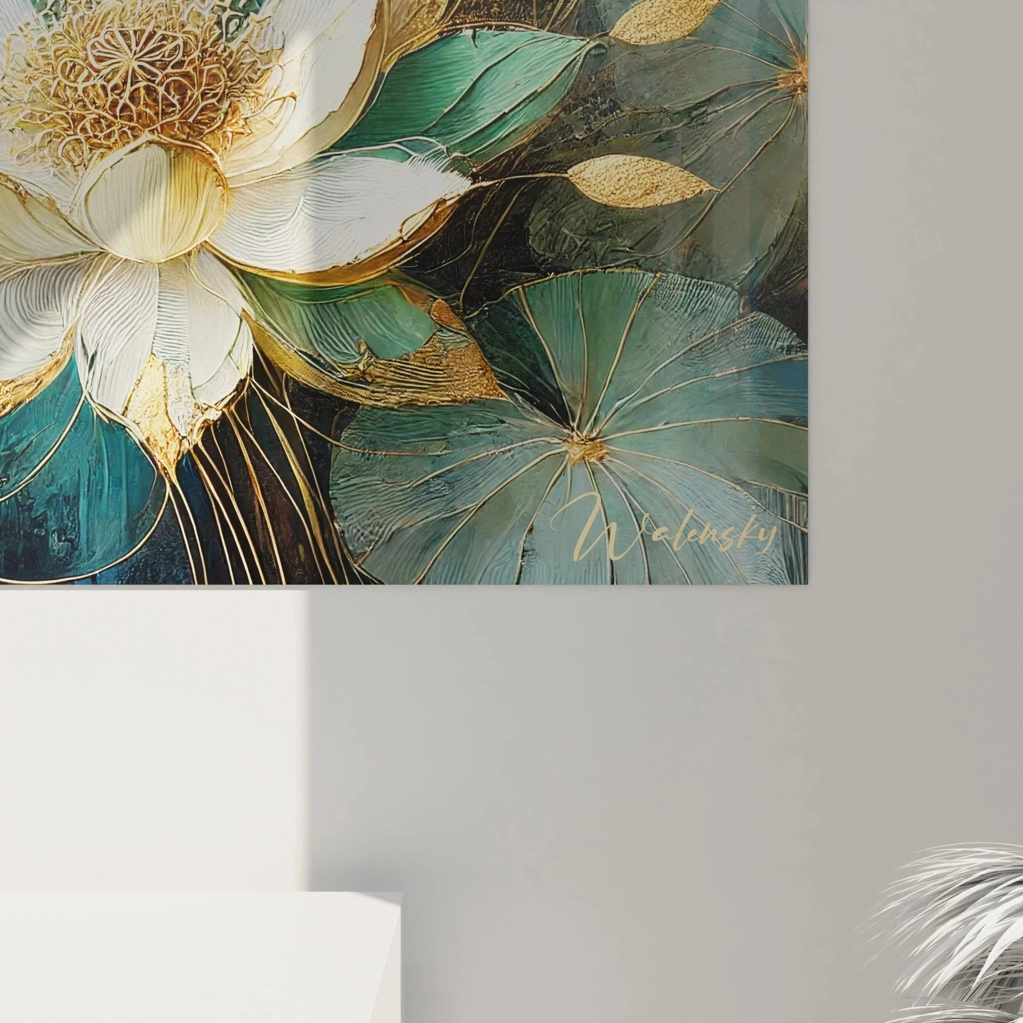 Gesamtansicht Seerosen Wandkunst XXL mit mehreren Lotus-Blüten und dekorativen Pflanzenelementen