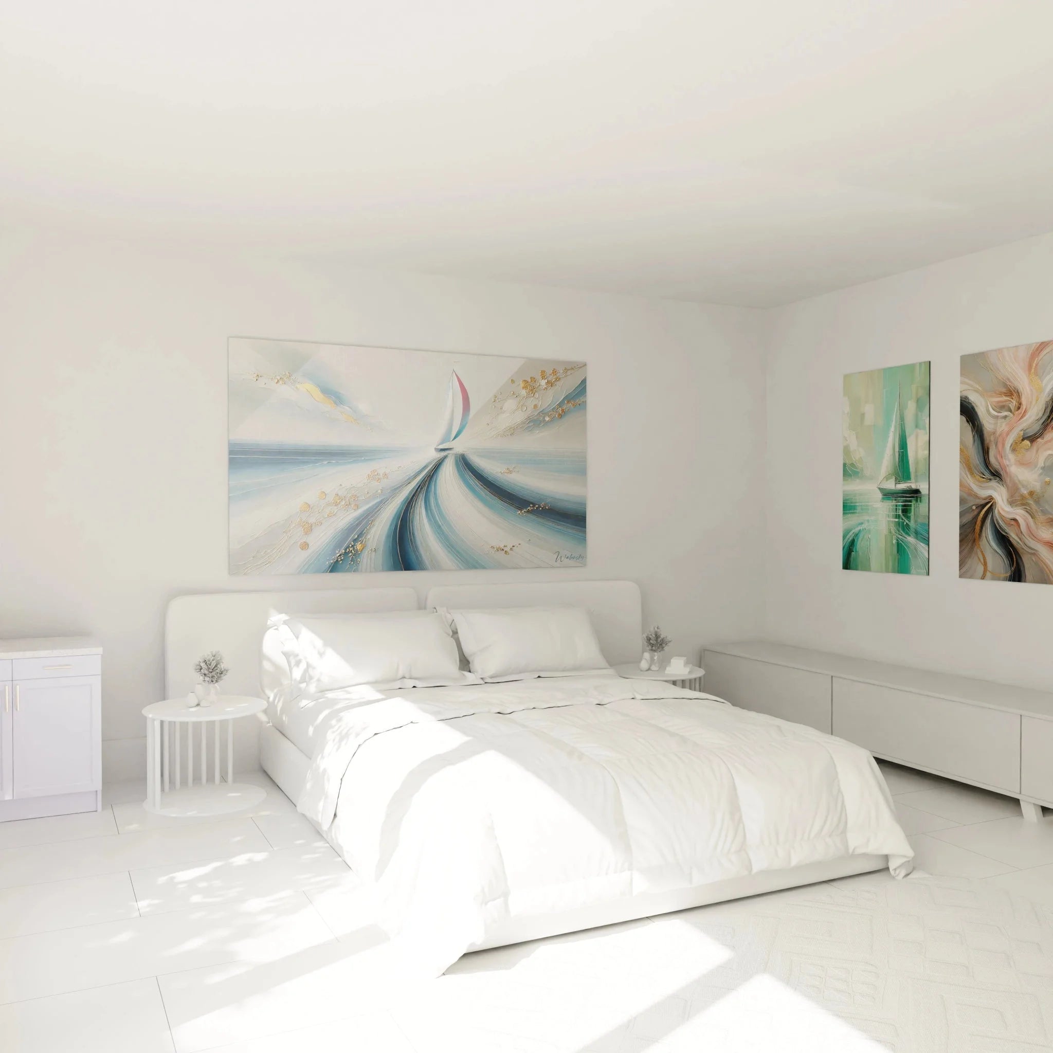 Maritime Wanddekoration Segelboot in modernem Schlafzimmer als stilvolle Wandkunst