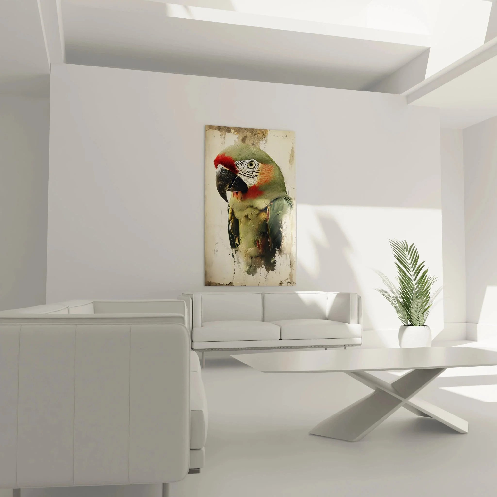 Detailansicht Soldatenara Kunstdruck - naturalistische Papagei Leinwand mit Federtextur XXL Format