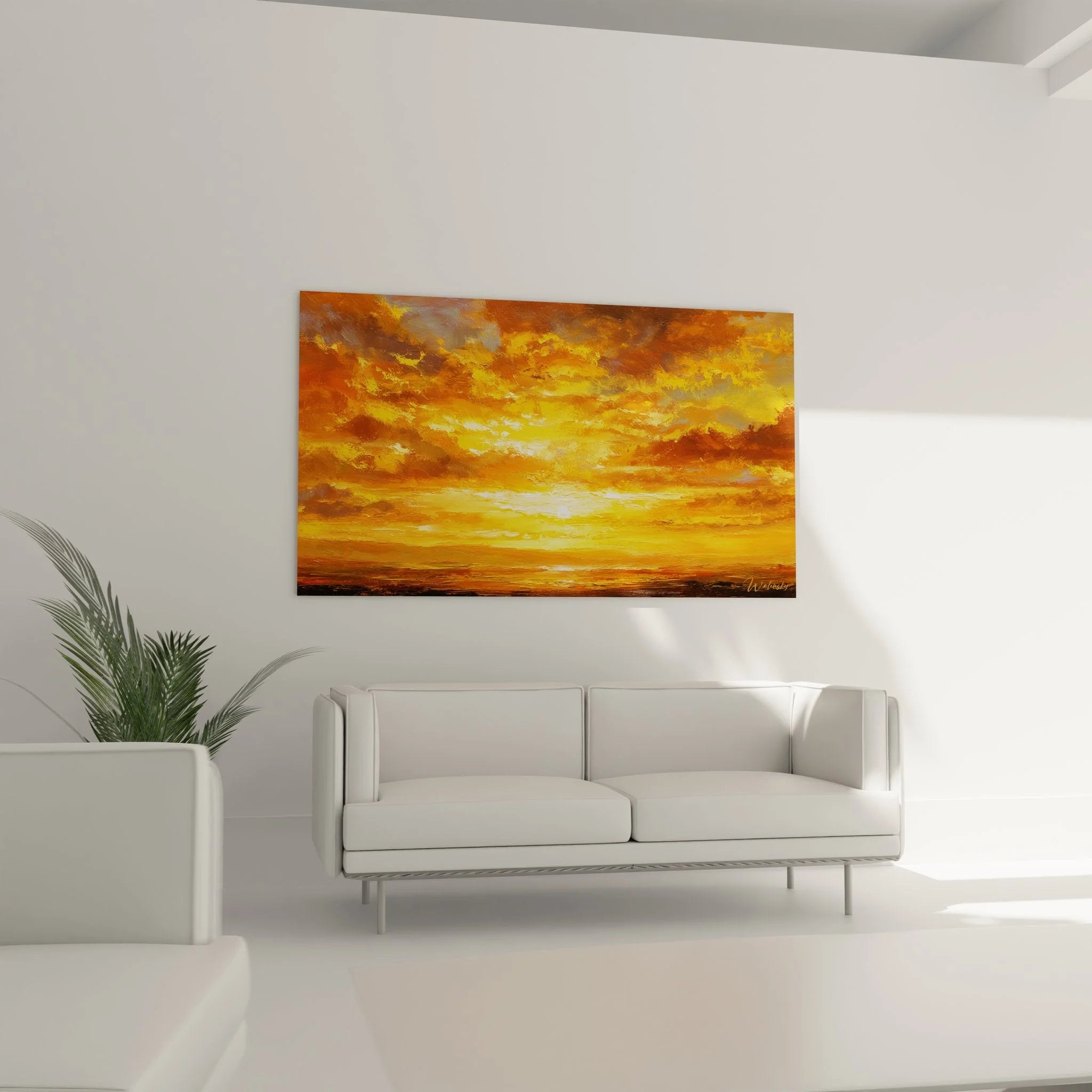 Detailansicht Sonnenuntergang Kunstdruck - expressive Pinselstriche in goldenen und orangen Farbtönen