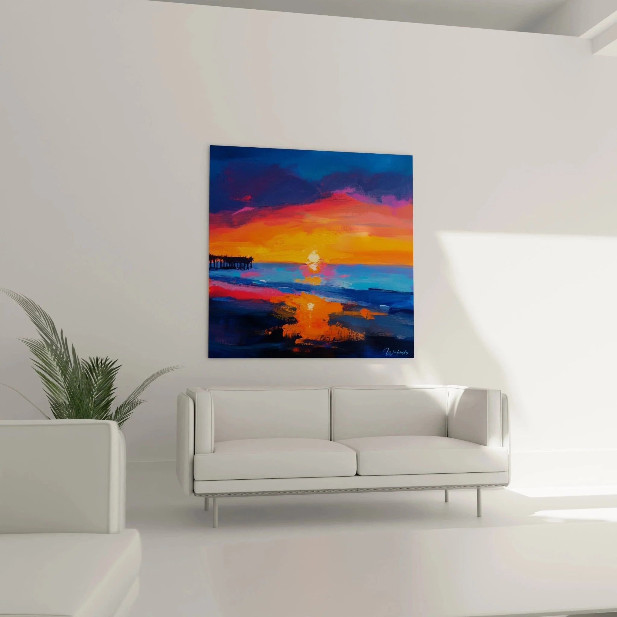 Detailansicht Sonnenuntergang Wandbild - Abstrakte Pinselstriche in feurigen Orange und Gelb Farben