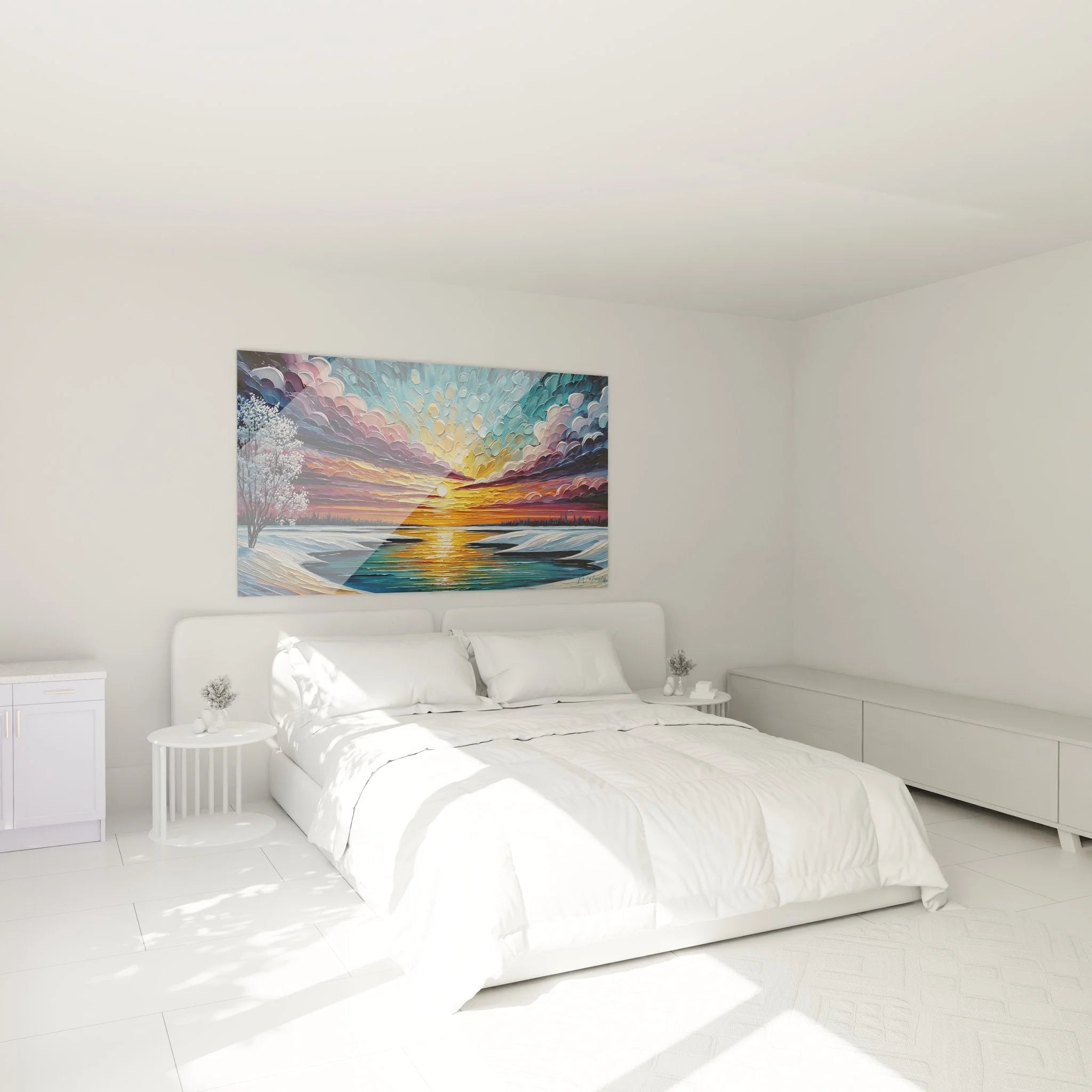 Sonnenuntergang Wandbild im Schlafzimmer - dramatischer Himmel mit goldener Sonne über Gewässer