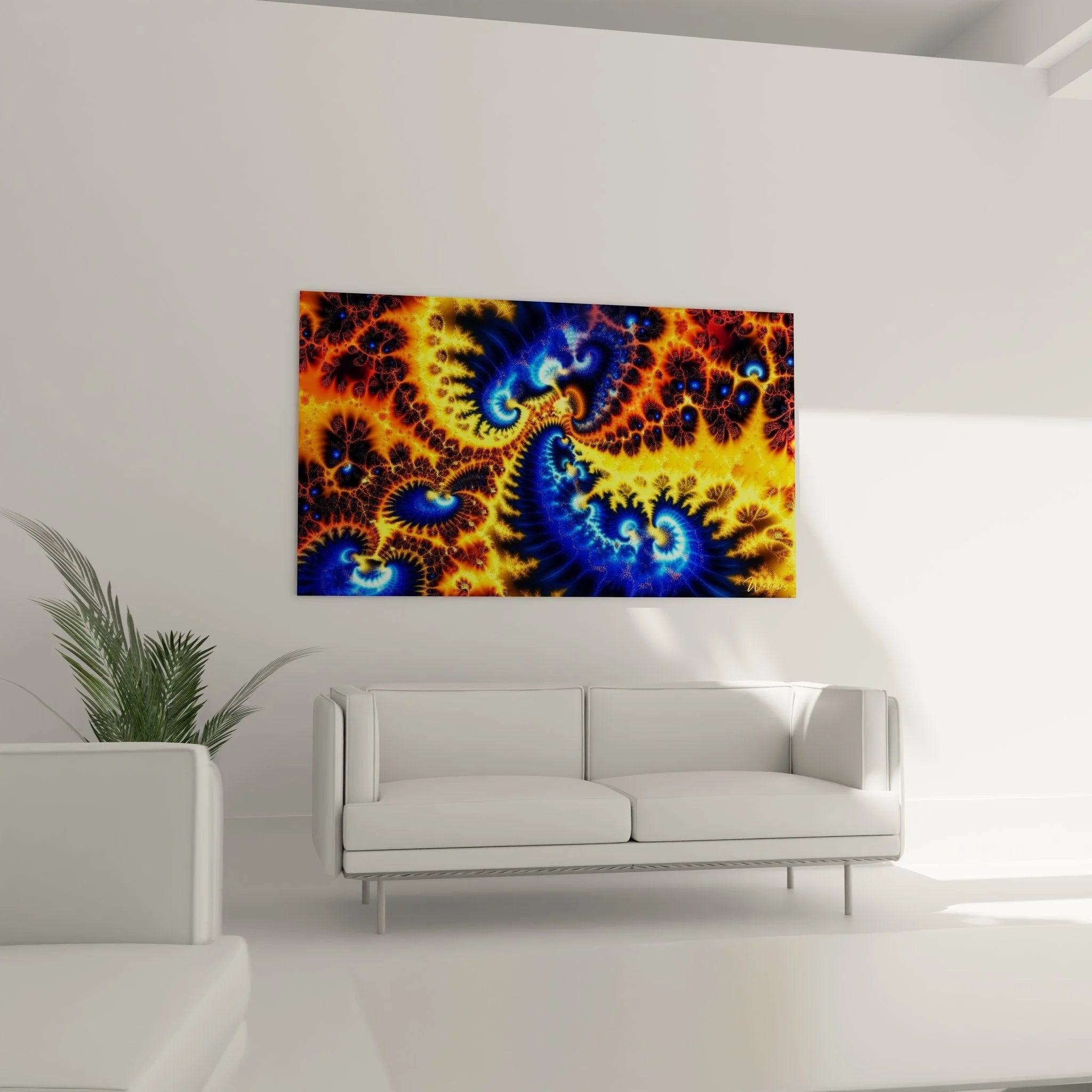 Detailansicht fraktale Spiralen Kunst mit leuchtenden Orange- und Blautönen