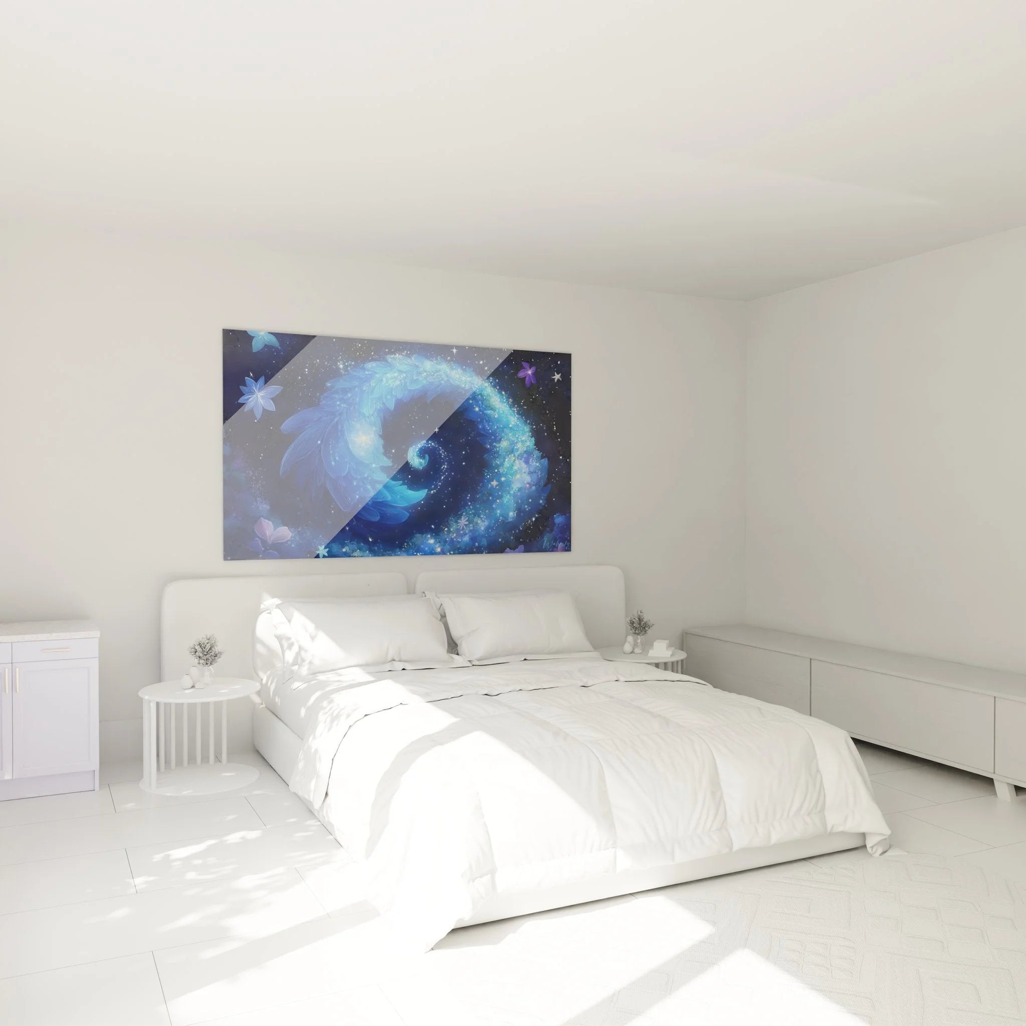 Blaues Spiralen Wandbild XXL im Schlafzimmer - kosmische Dekoration mit Galaxienmotiv