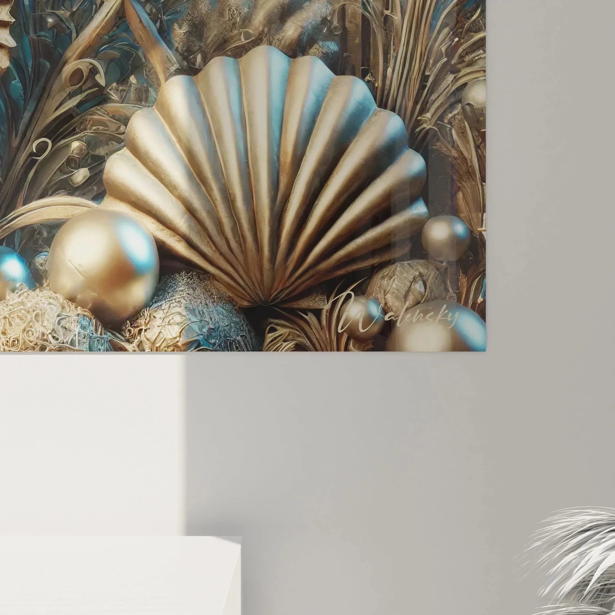 Komplette Ansicht Wandbild Seepferdchen Steampunk mit türkisblauer Unterwasserlandschaft