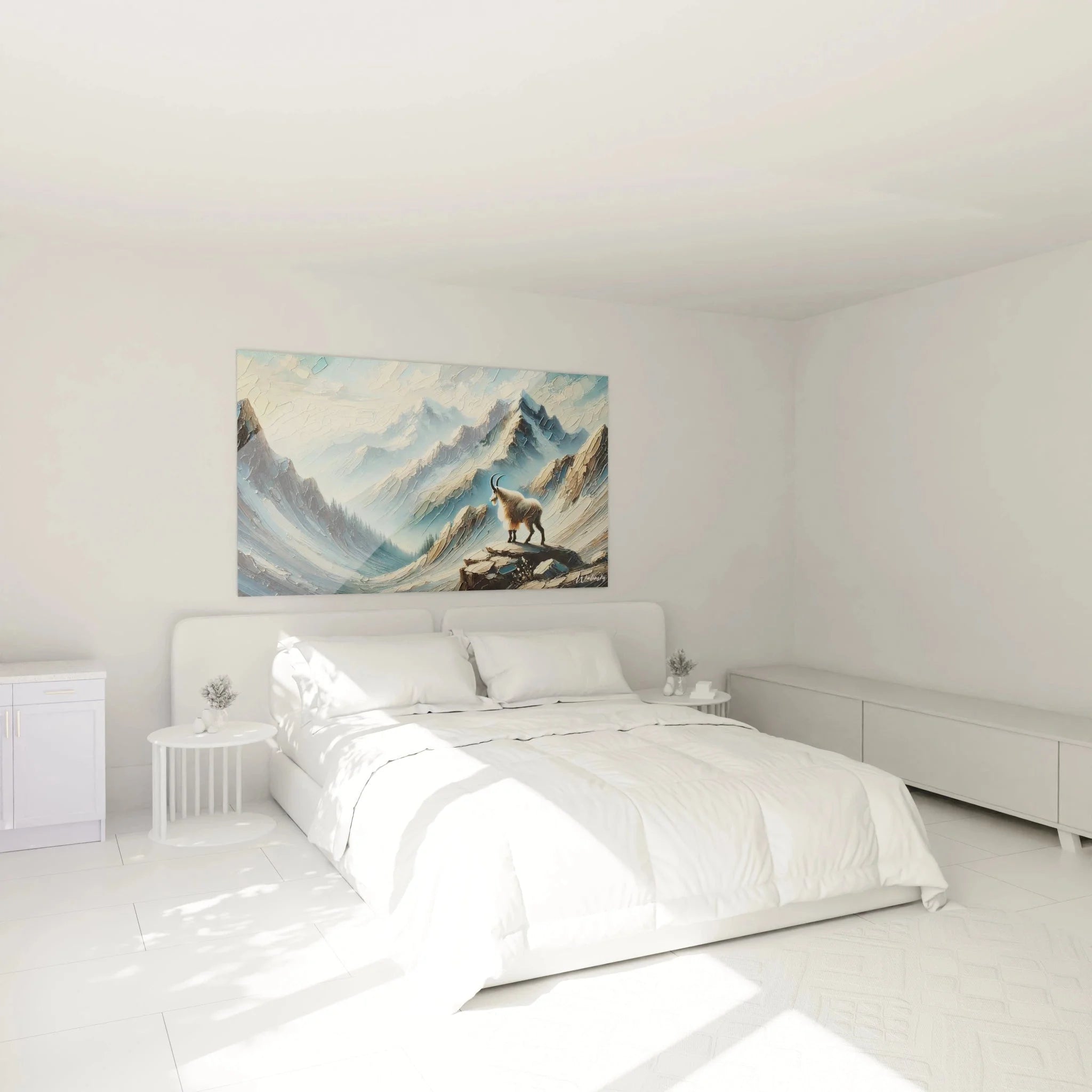 Steinbock Berglandschaft Wandbild XXL in modernem Schlafzimmer als alpine Wanddekoration