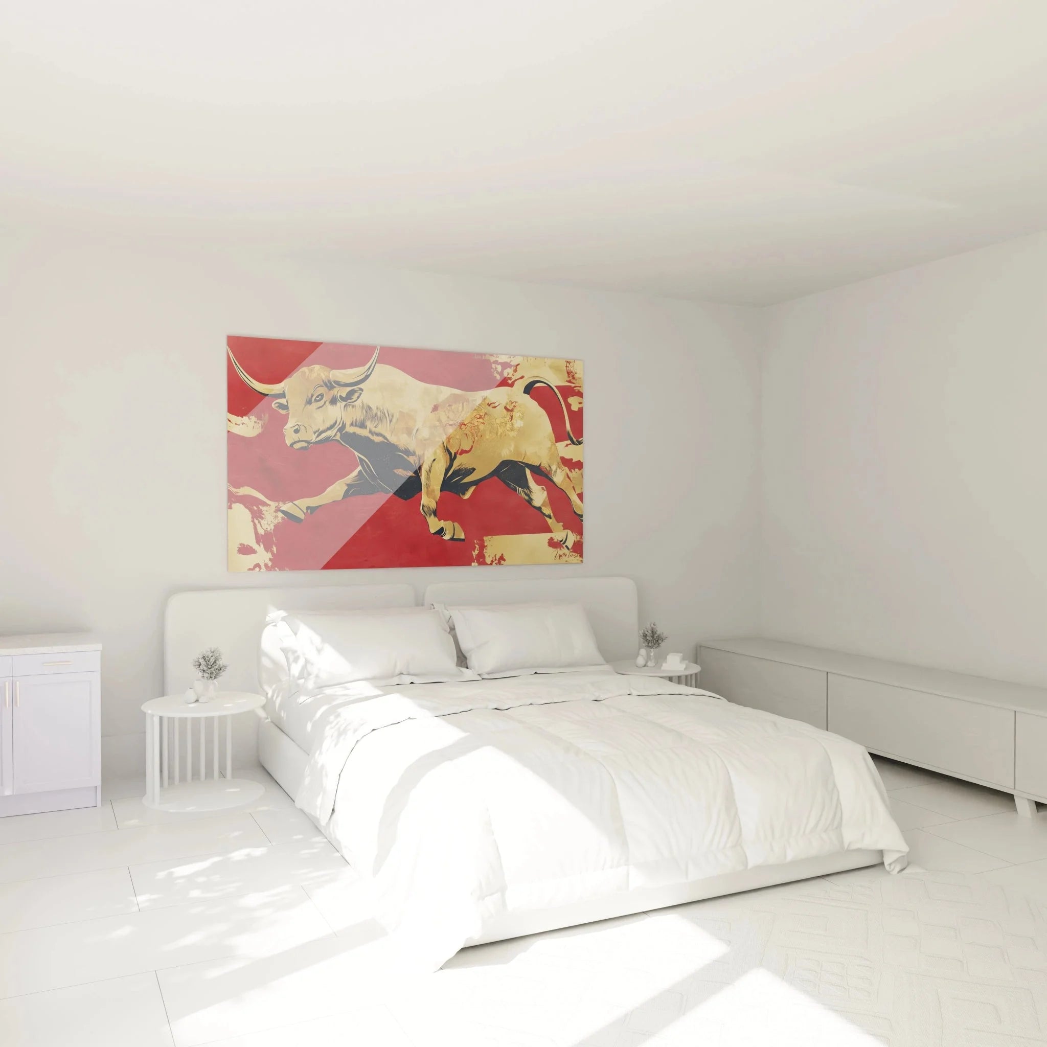 Stier Wandbild Gold Rot im Schlafzimmer - Moderne Wanddekoration mit kraftvollem Bullen über dem Bett