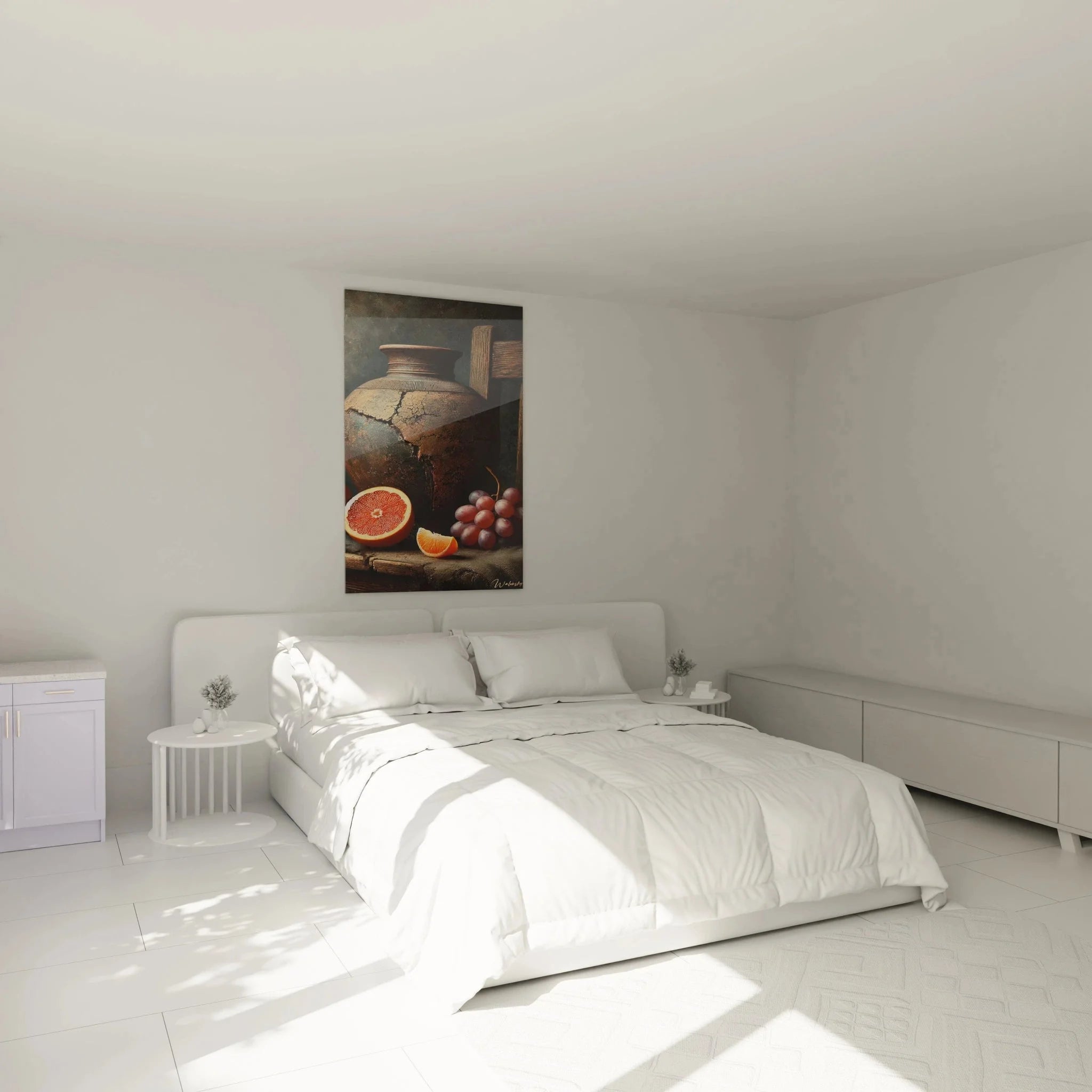 Rustikales Stillleben Wandbild mit Keramikkrug in gemütlicher Schlafzimmer Atmosphäre