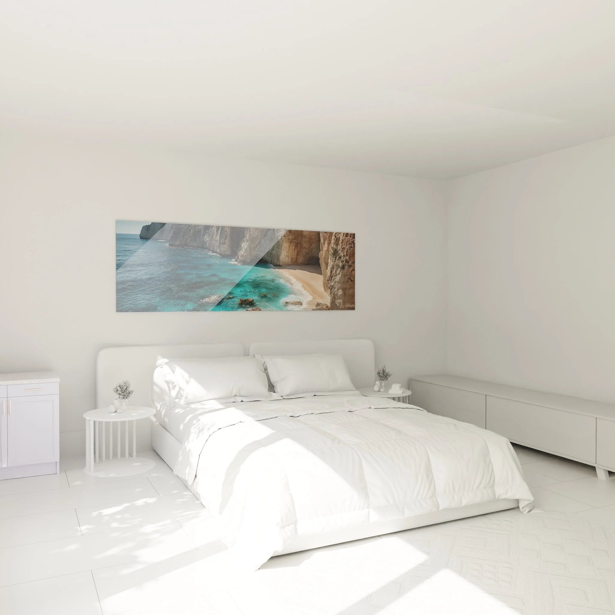Tropisches Strand Wandbild im Schlafzimmer, Palmen und Meerblick für entspannende Atmosphäre