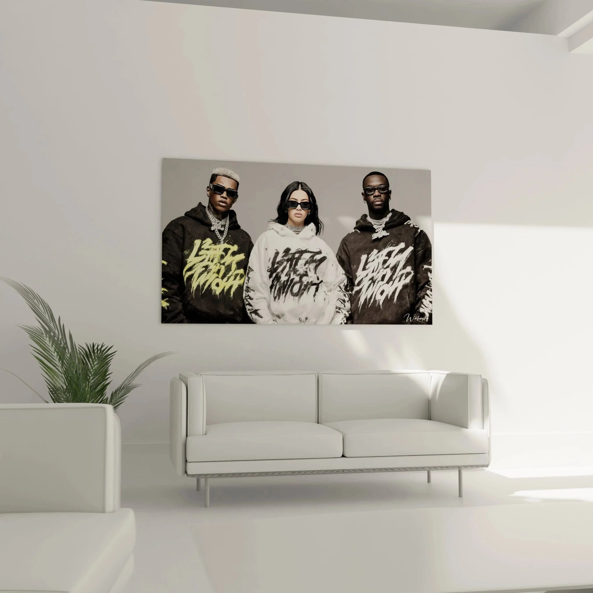 Detailansicht Streetwear Wandbild zeigt Graffiti-Schriftzüge und Urban Style Details der Hip-Hop Figuren