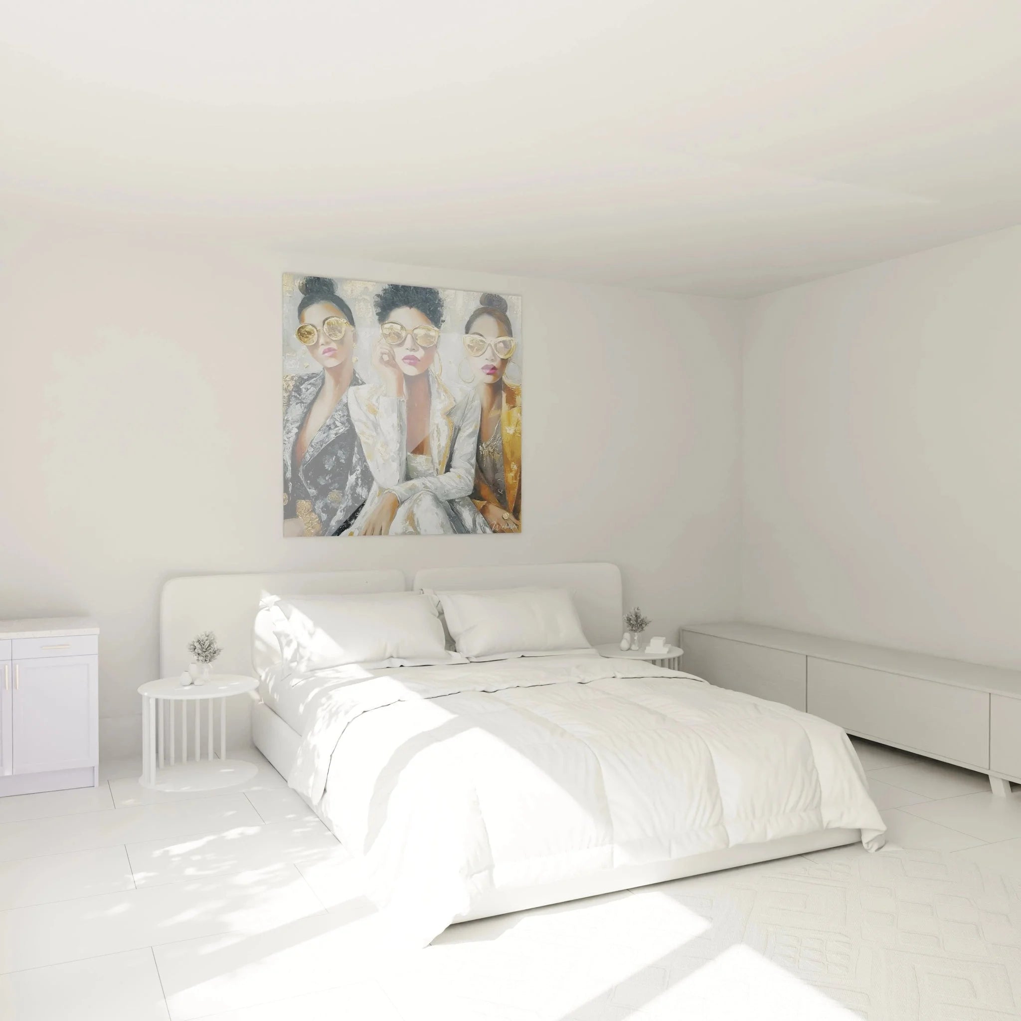 Streetwear Wandbild drei Frauen mit goldenen Sonnenbrillen als stilvolle Schlafzimmer Wanddekoration