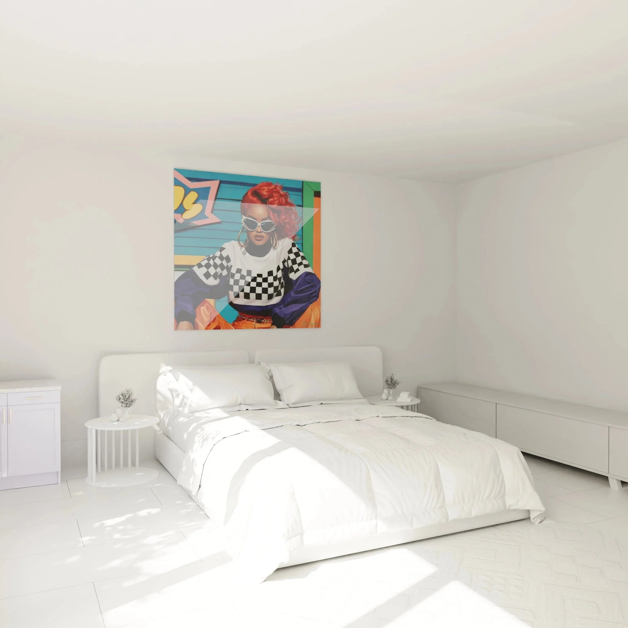 Hip-Hop Wandbild XXL im Schlafzimmer mit Retro Streetwear Frau und urbaner Graffiti Kunst