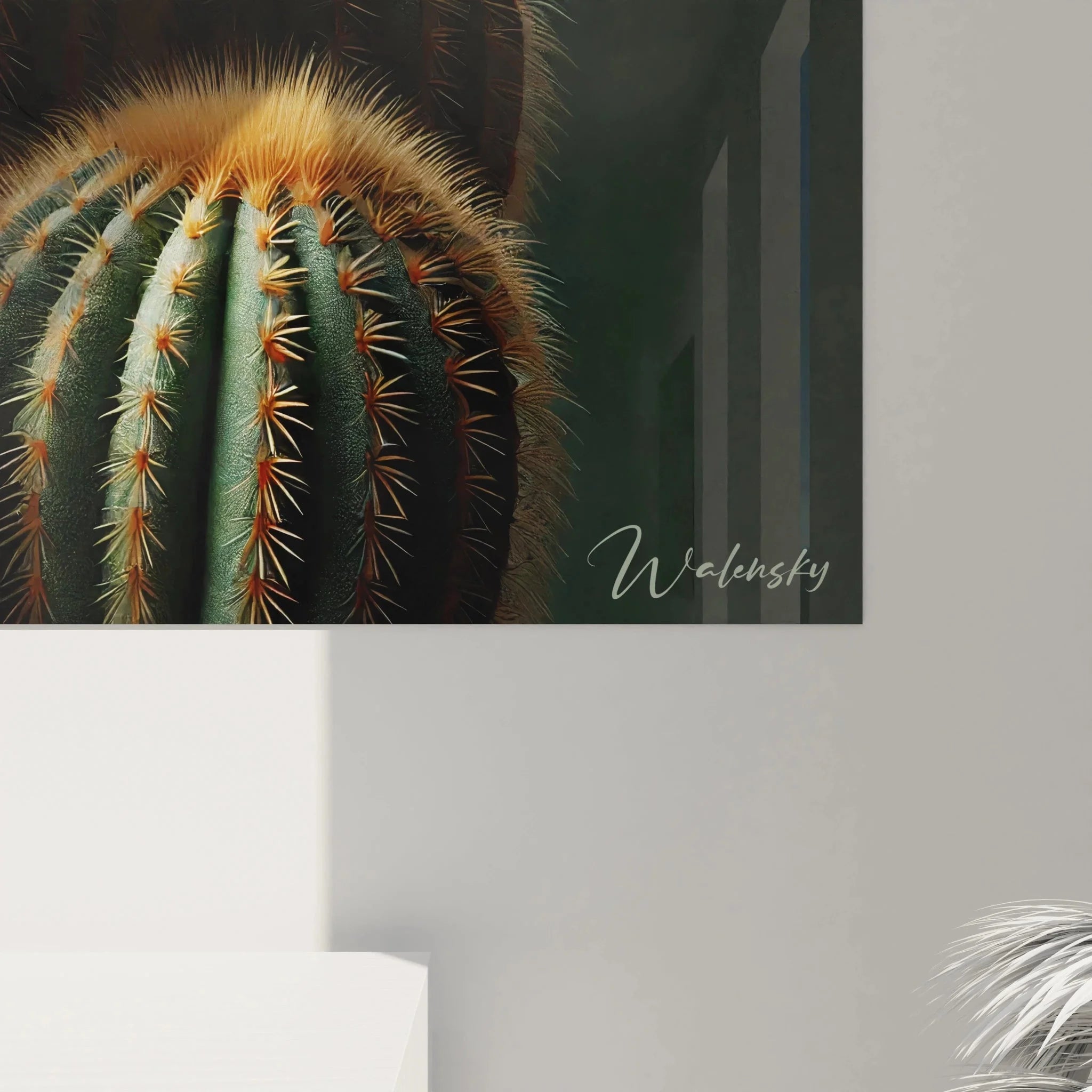 Gesamtansicht Goldkaktus Wandbild - fünf Sukkulenten Gruppe als moderne Pflanzenmotive Leinwandbild