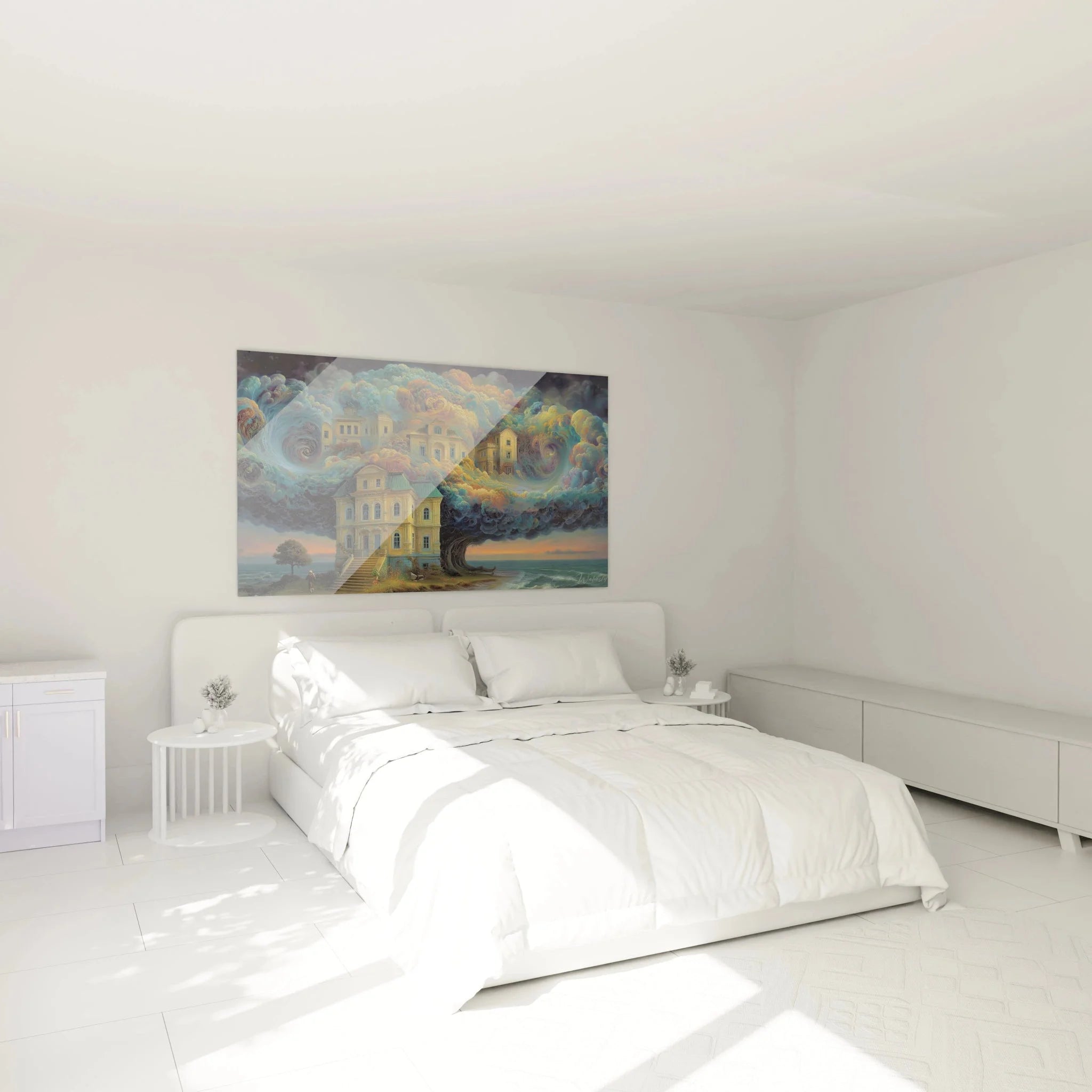Surreales Wandbild XXL Traumhaus in Schlafzimmer - Schwebende Villa Dekoration mit Wolken