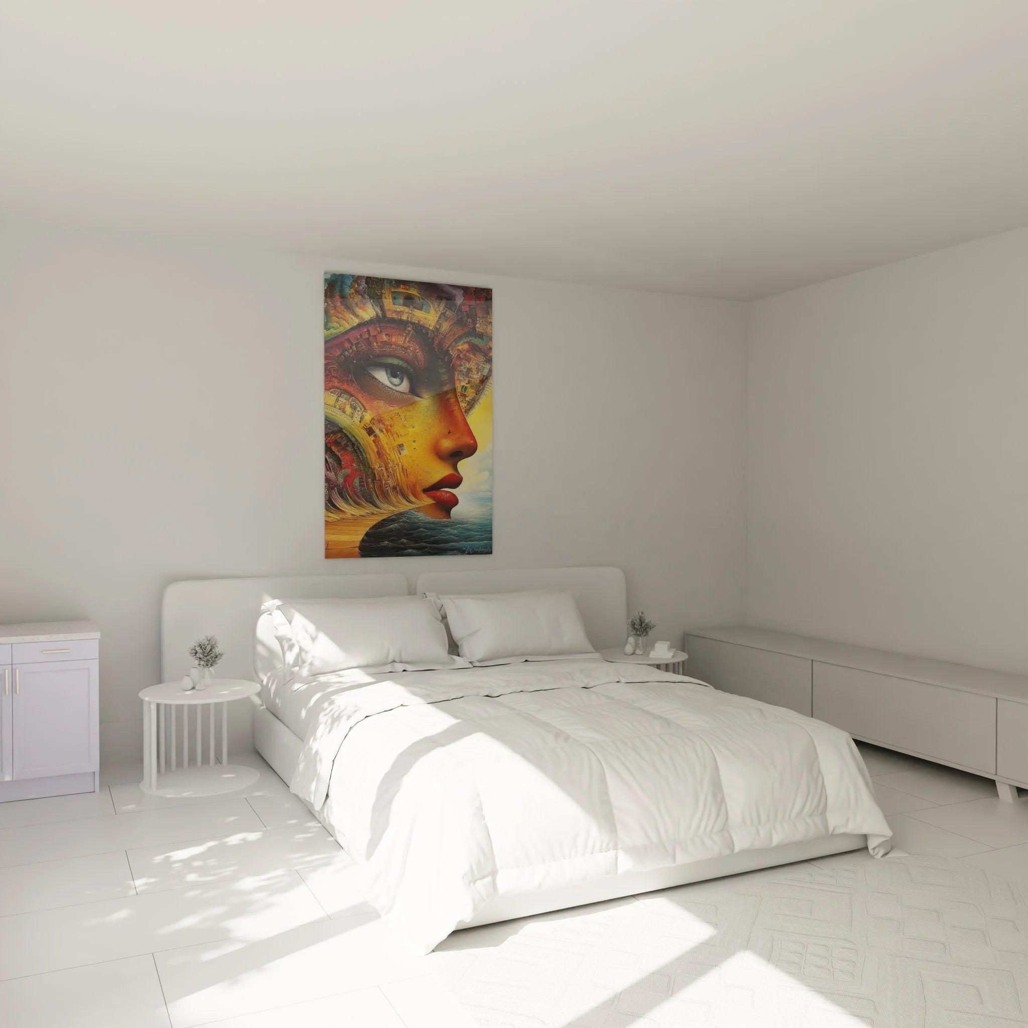 Surrealismus Wandbild mit architektonischem Gesicht als Dekoration im modernen Schlafzimmer