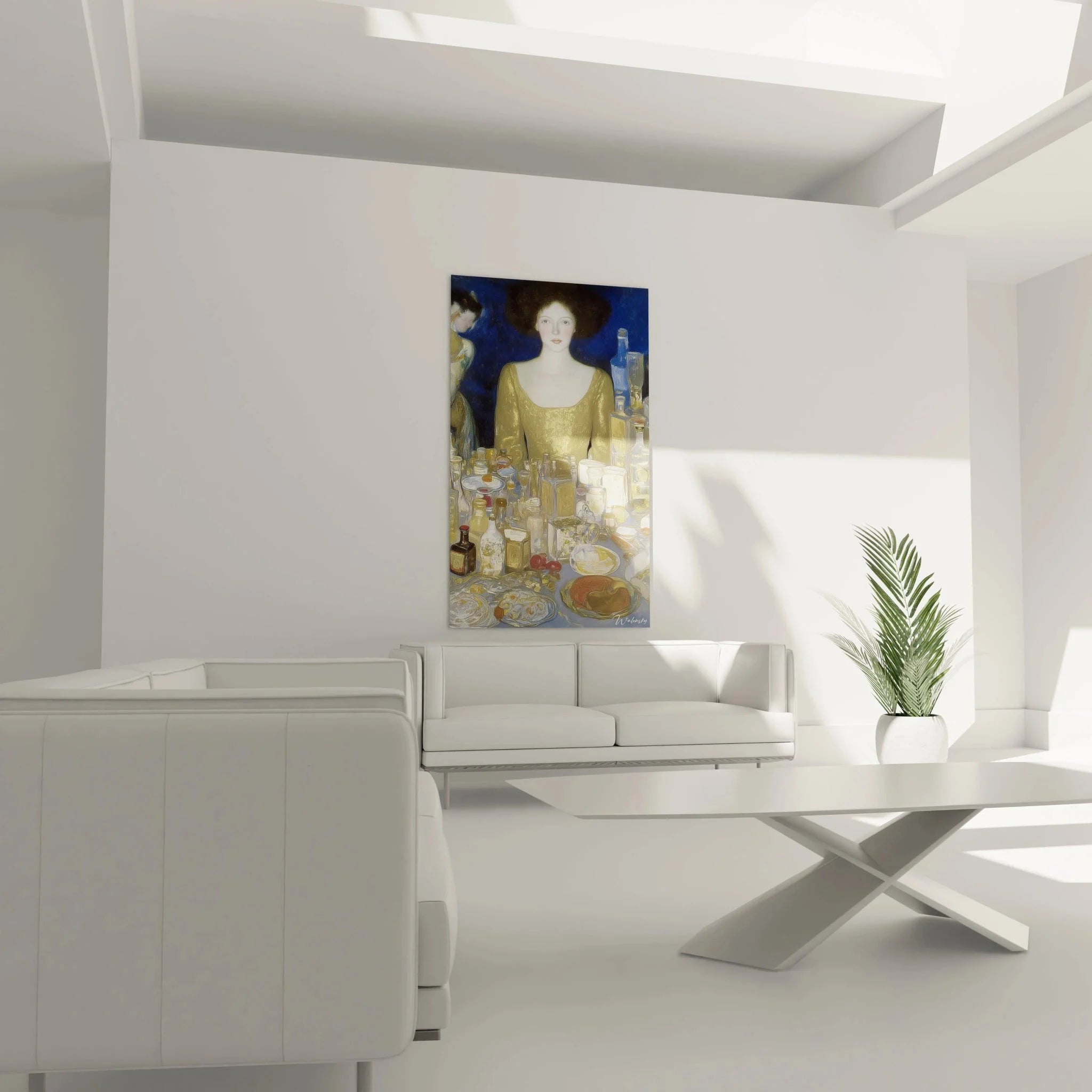 Detailaufnahme des symbolistischen Wandbildes mit goldenen Texturen und Glasobjekten