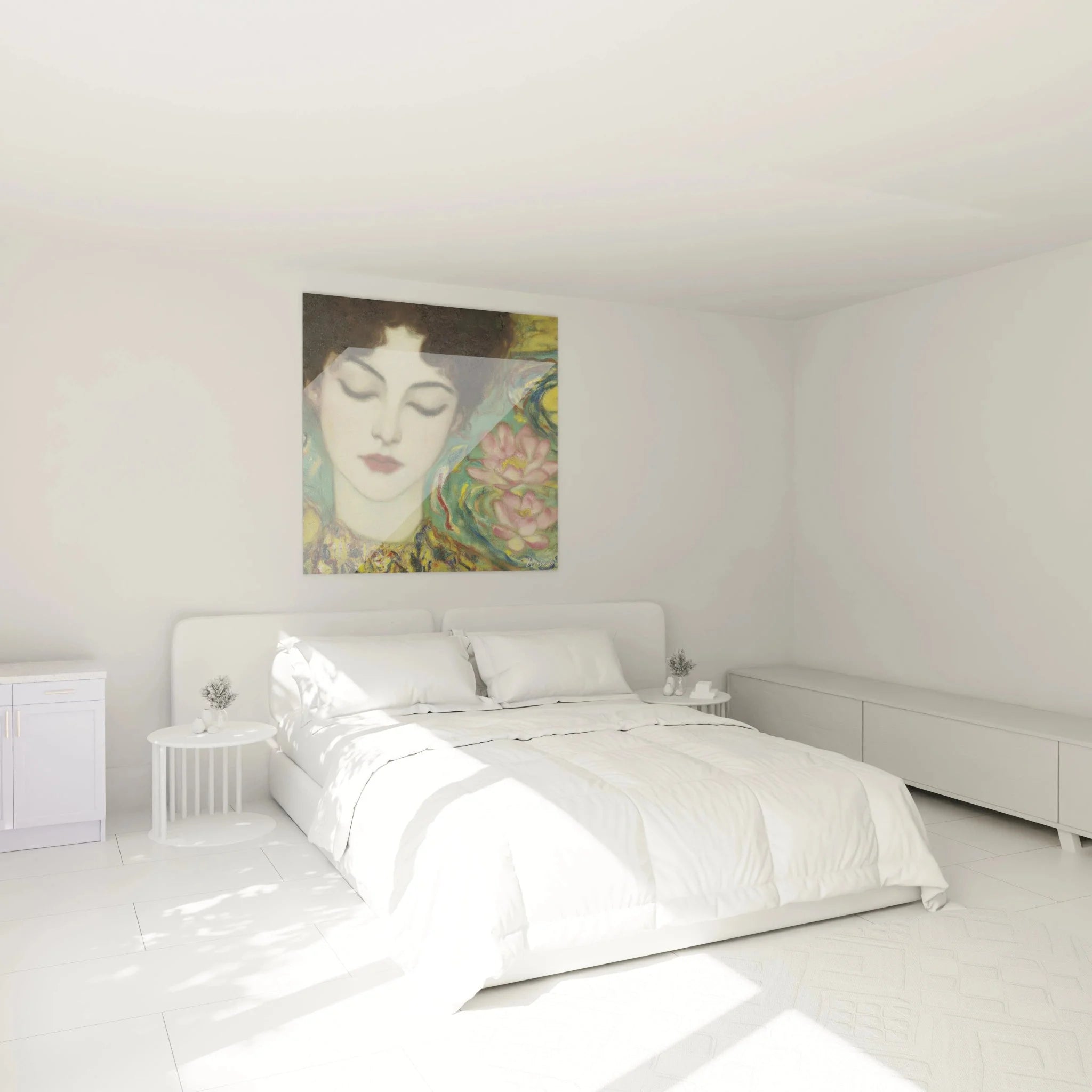 Symbolistisches Wandbild träumende Frau im Schlafzimmer Ambiente mit stimmungsvoller Beleuchtung