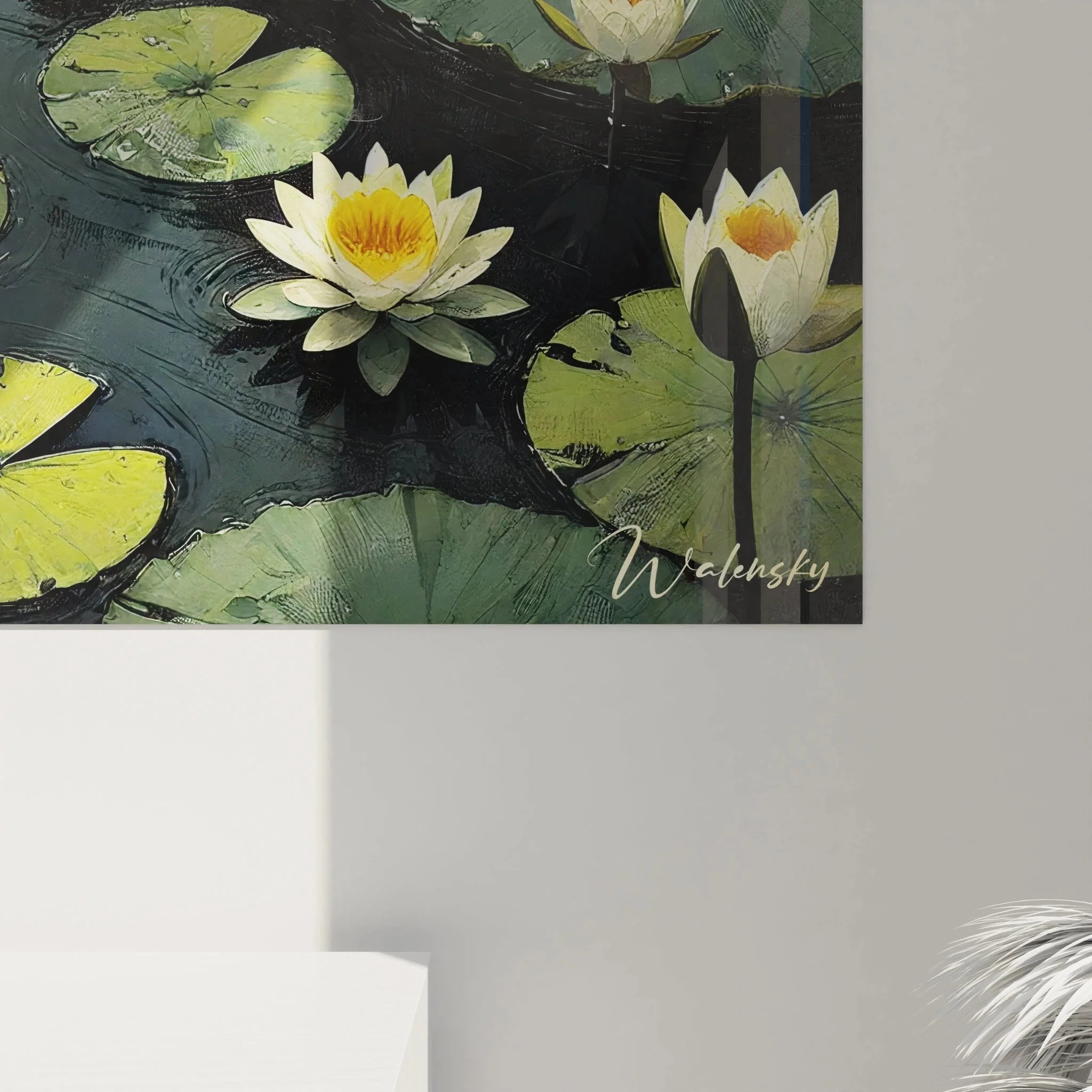 Gesamtansicht Teichlandschaft Wandbild mit schwimmenden Seerosen in verschiedenen Grüntönen