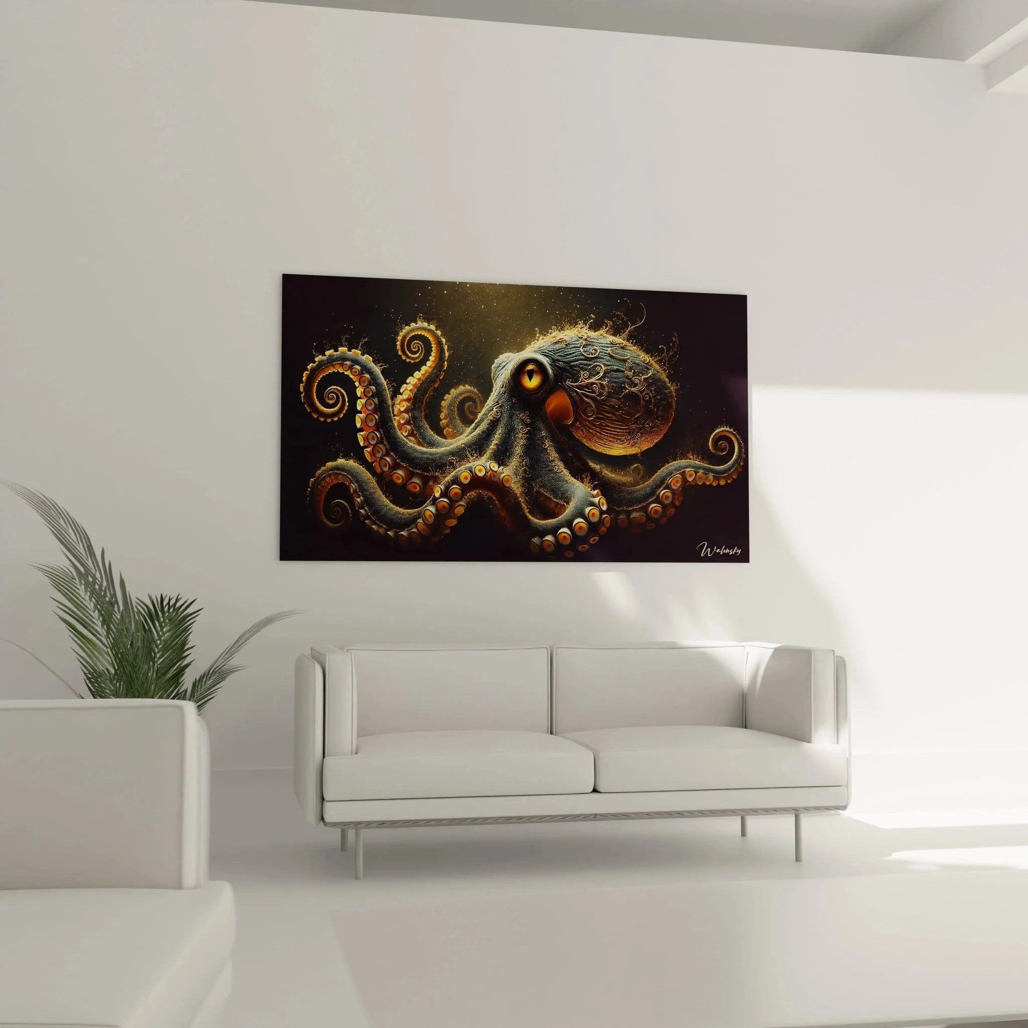 Detailaufnahme goldene Tentakel mit Saugnäpfen vom mystischen Oktopus Wandbild