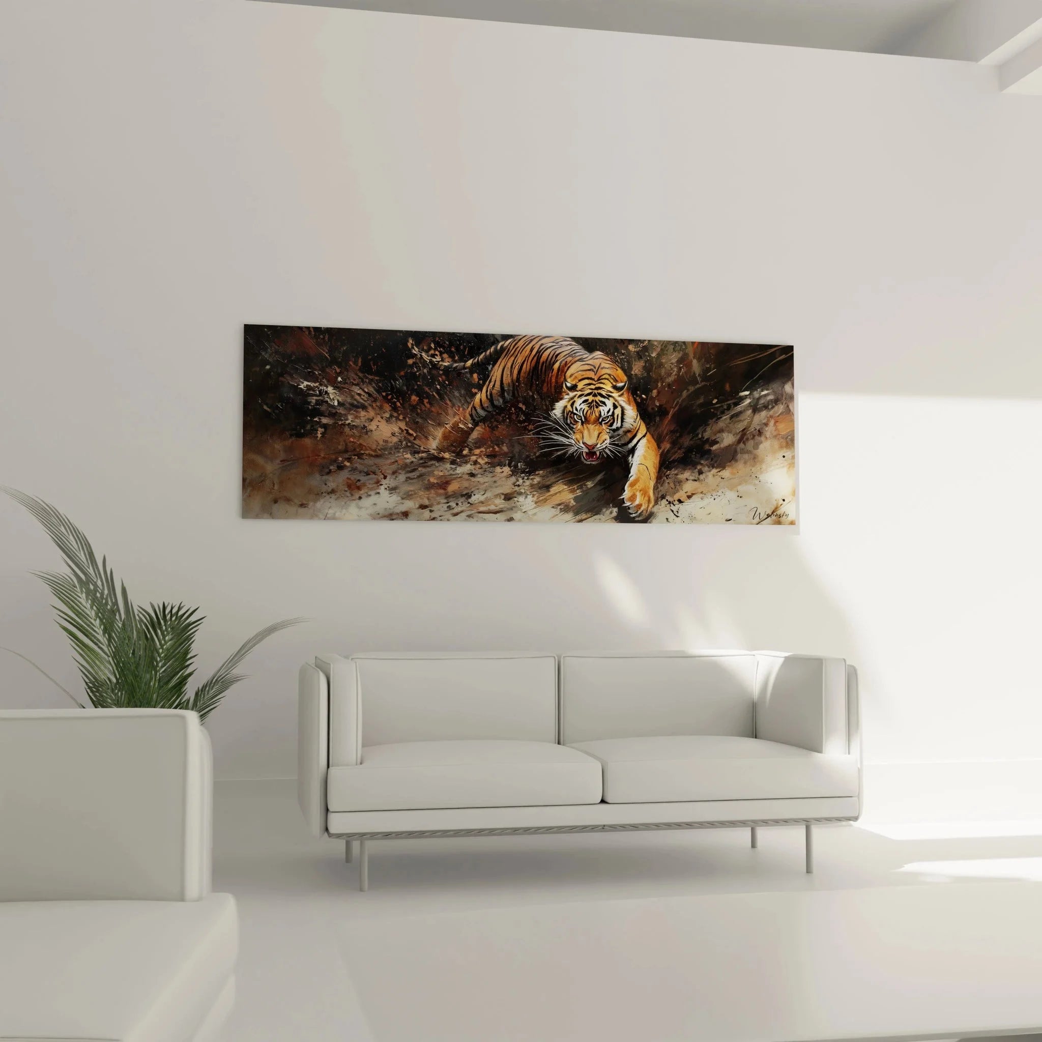 Detailaufnahme Tiger Wandbild zeigt realistische Gesichtszüge und orange-schwarze Fellstruktur der Raubkatze