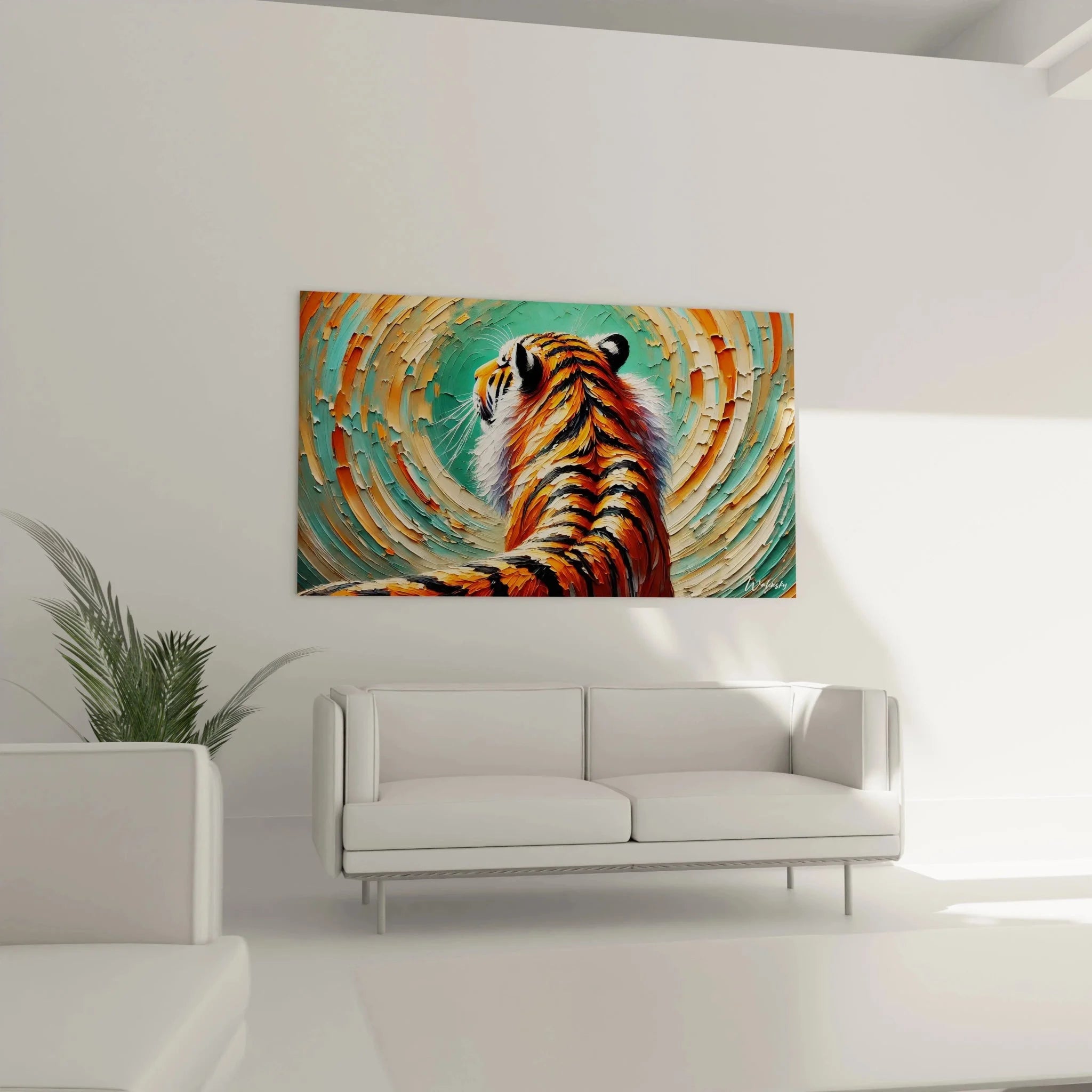 Detailansicht Tiger Wandkunst, expressive Maltechnik mit warmen Farben und dynamischen Strukturen
