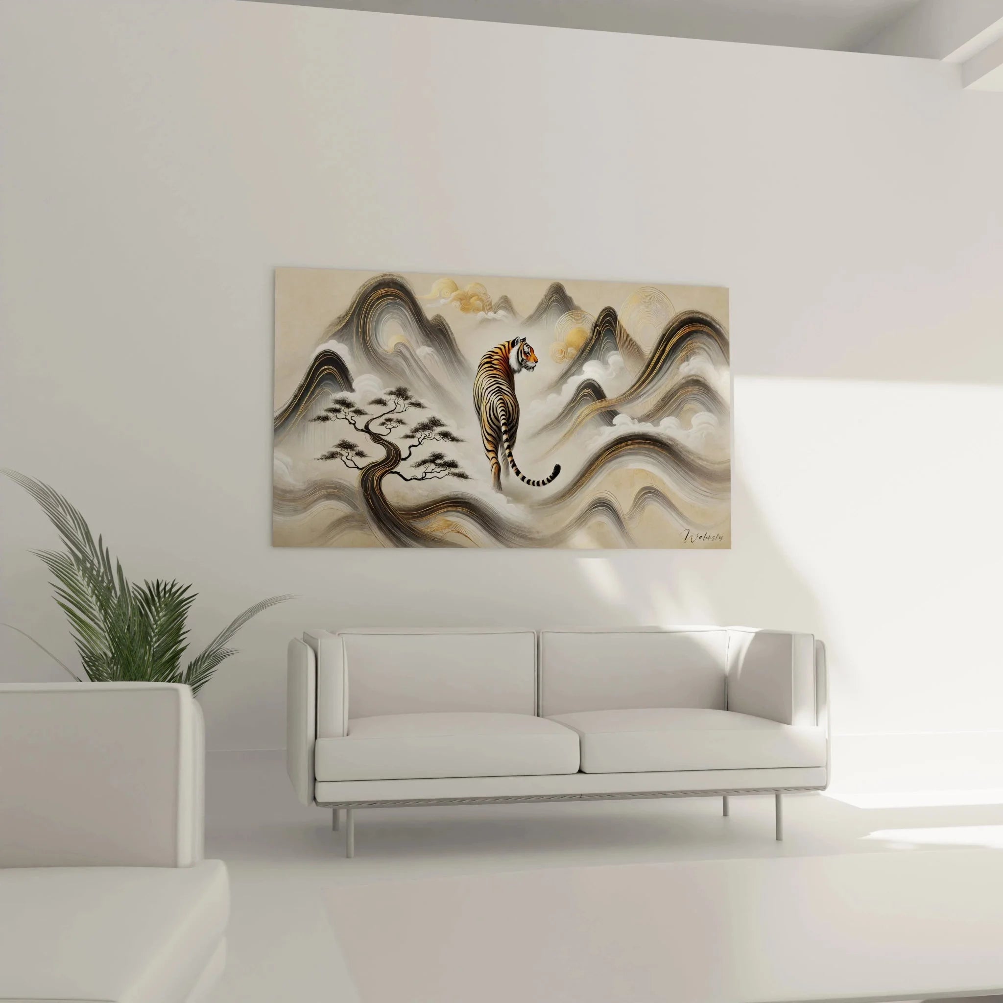 Detailansicht Tiger Wandkunst mit ornamentalen Bergen und goldenen Wolkenelementen