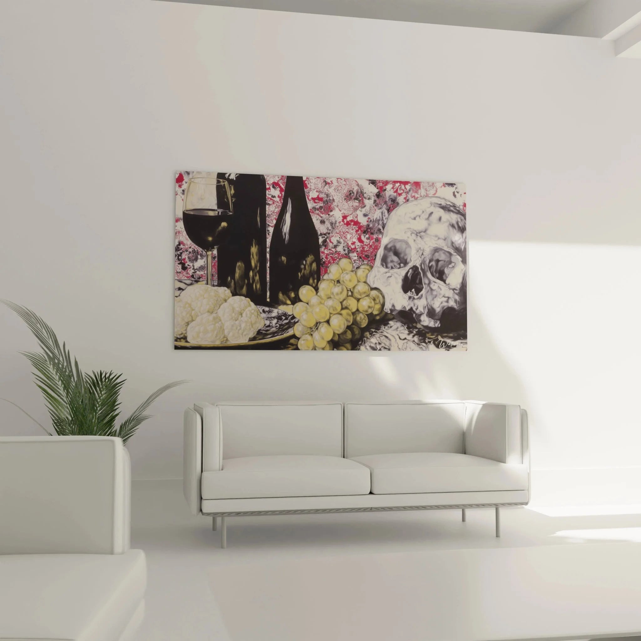 Detailansicht Wandbild Vanitas zeigt Totenschädel, goldene Weintrauben und Weinglas in Nahaufnahme