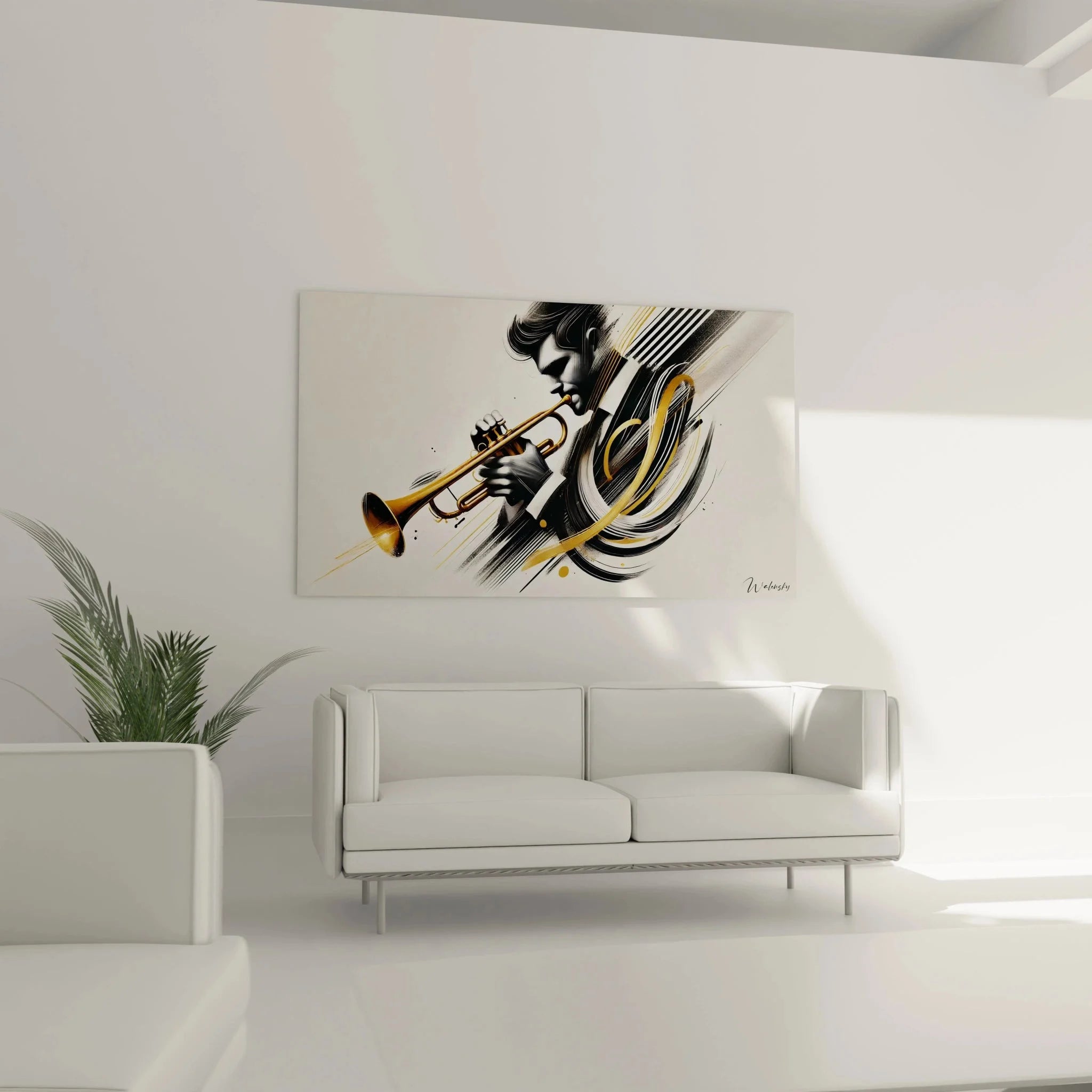 Detailansicht Trompeter Wandbild - goldene Linien und abstrakte Musikelemente Nahaufnahme