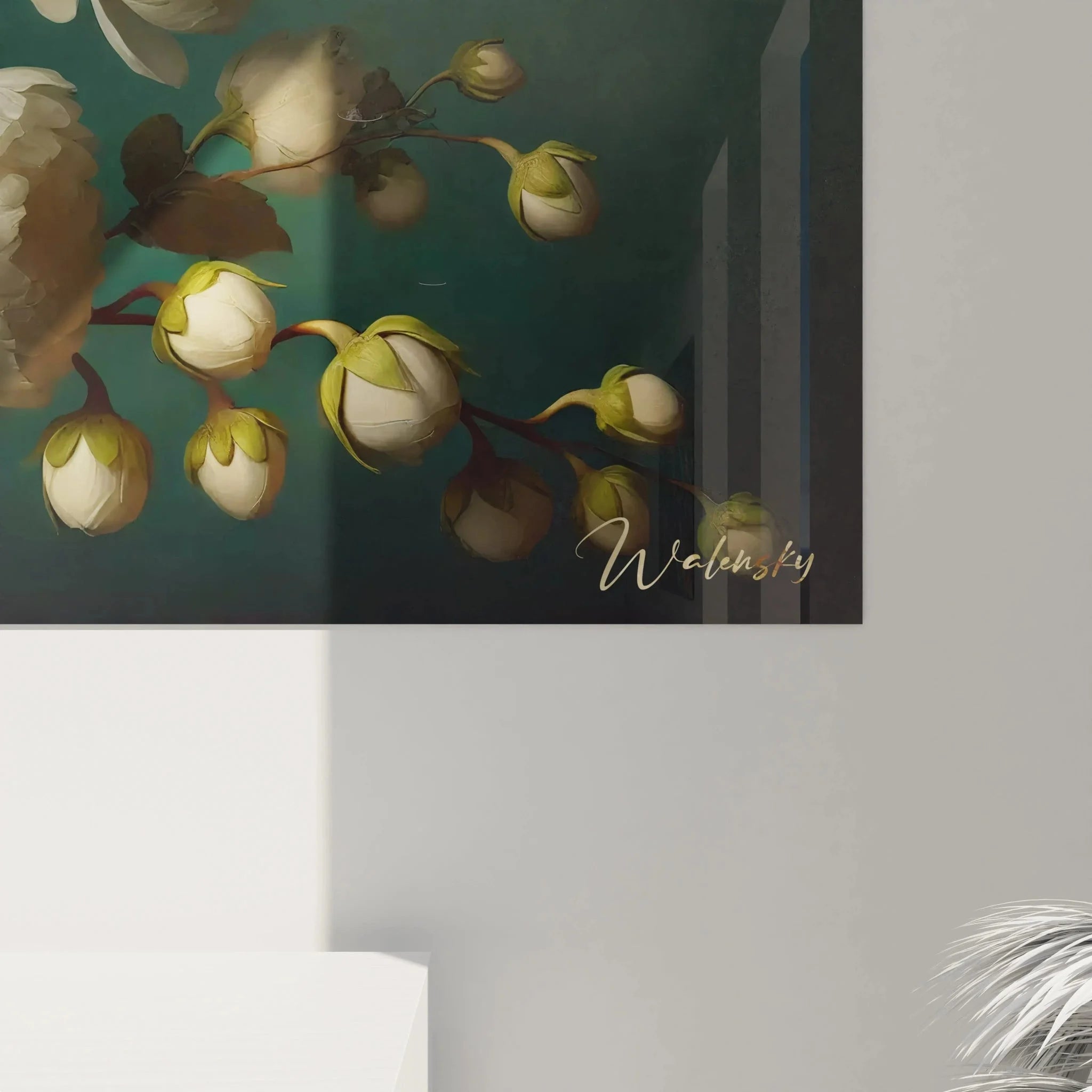 Gesamtansicht tropisches Papageien Wandbild - exotische Vogelkunst mit Pfingstrosen Dekoration