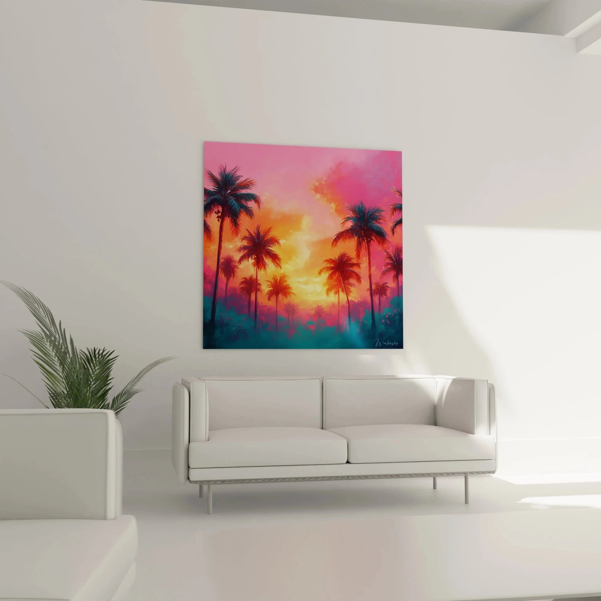 Detailansicht Wandbild Palmen Sonnenuntergang mit warmen Farben und tropischem Flair