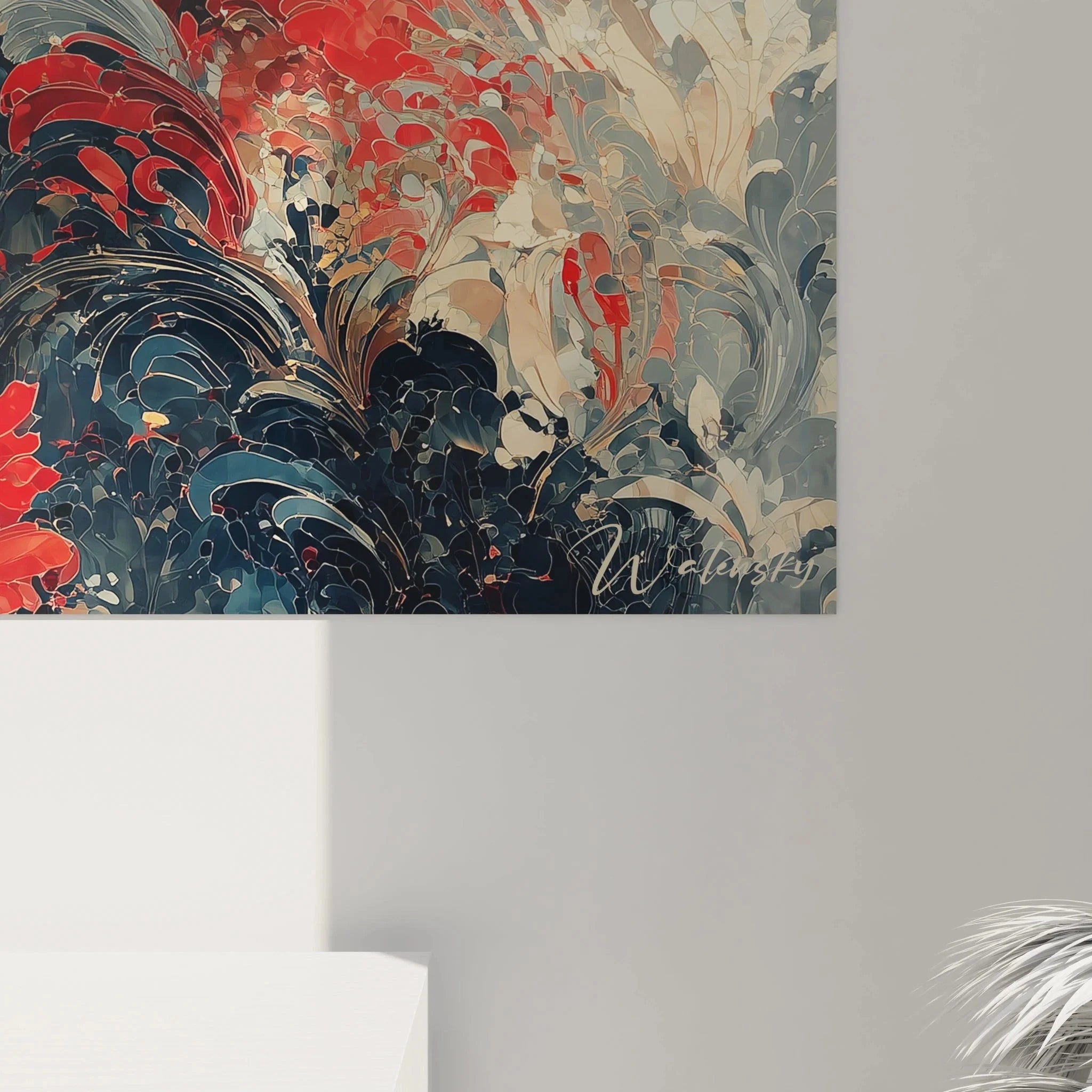 Gesamtansicht Gothic Wandbild Federn Frau in roter Farbgebung - Premium Wandkunst