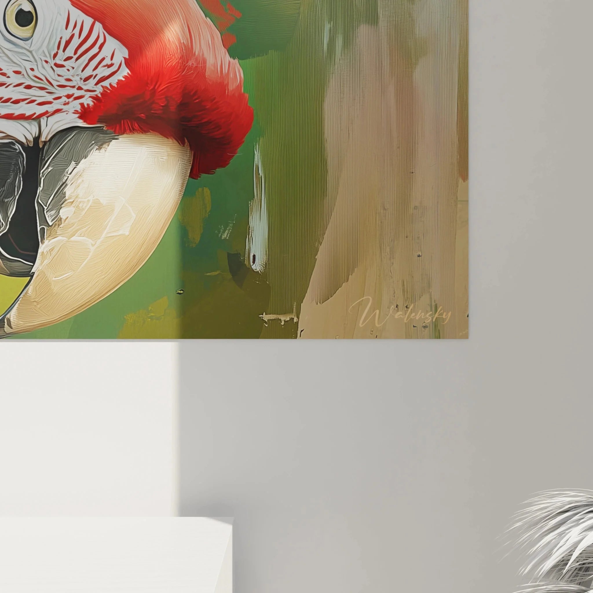 Gesamtansicht XXL Wandbild Roter Ara Papagei in horizontalem Format mit tropischen Farben