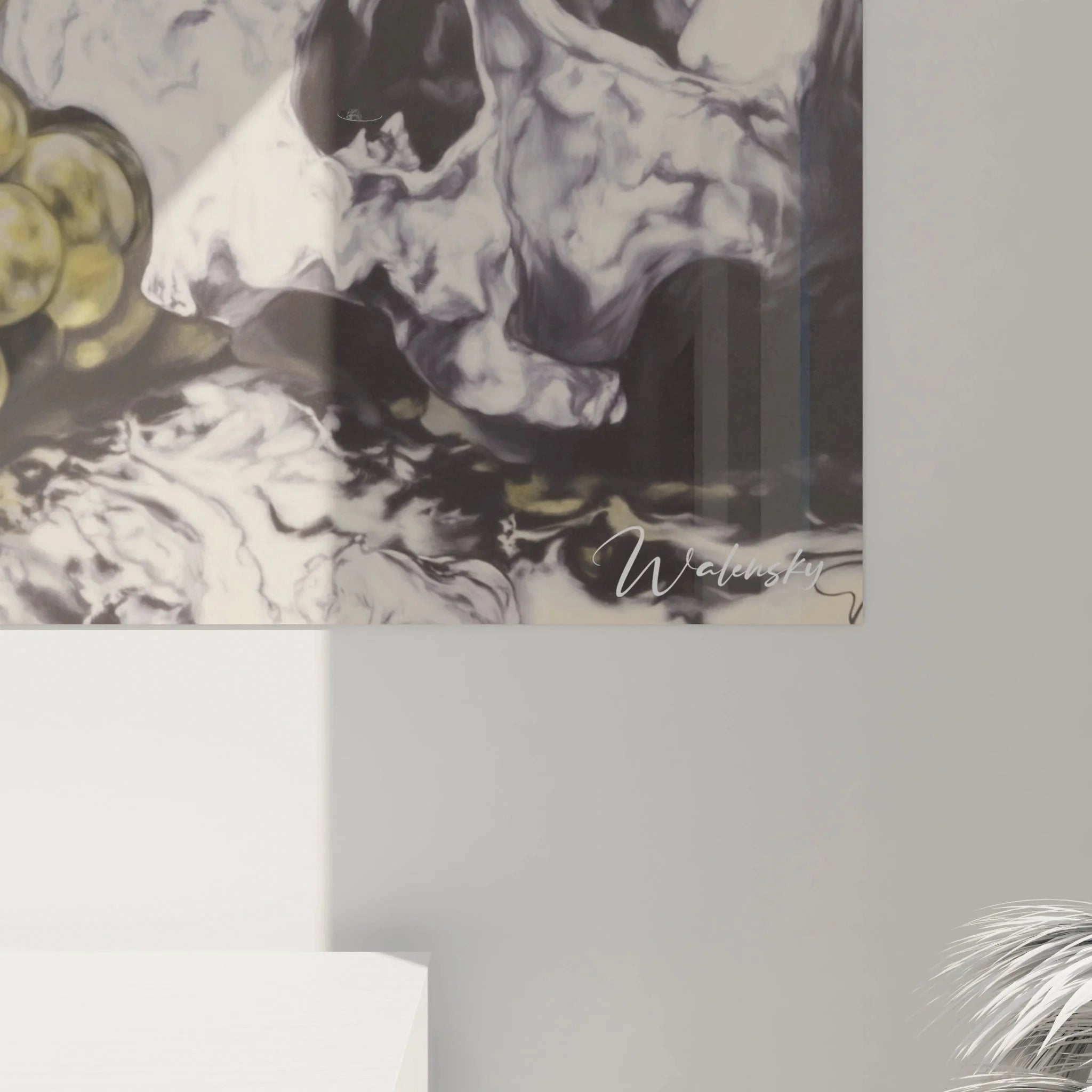 Gesamtansicht Vanitas Stillleben Wandbild mit kompletter Komposition aus Totenschädel und Weinmotiven