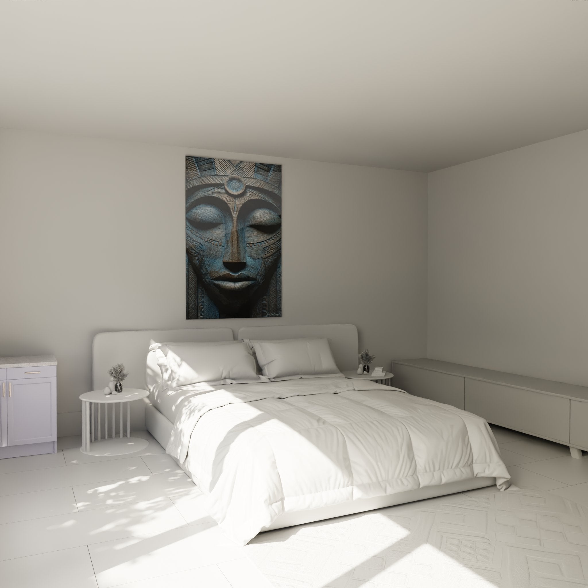 Afrikanische Maske Wandbild im Schlafzimmer, spirituelle Dekoration mit traditionellen Mustern