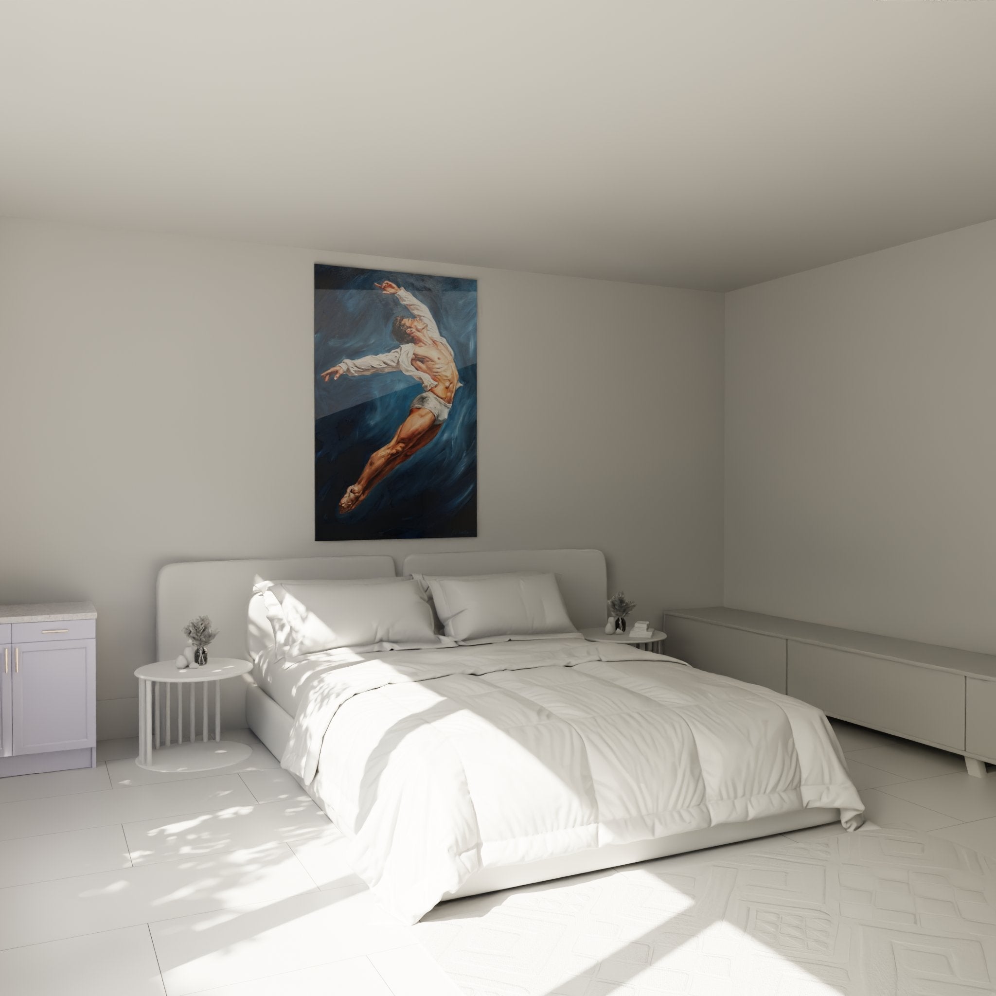 Tänzer Wandbild im Schlafzimmer Ambiente, springender Tänzer in blauen Tönen als moderne Raumdekoration