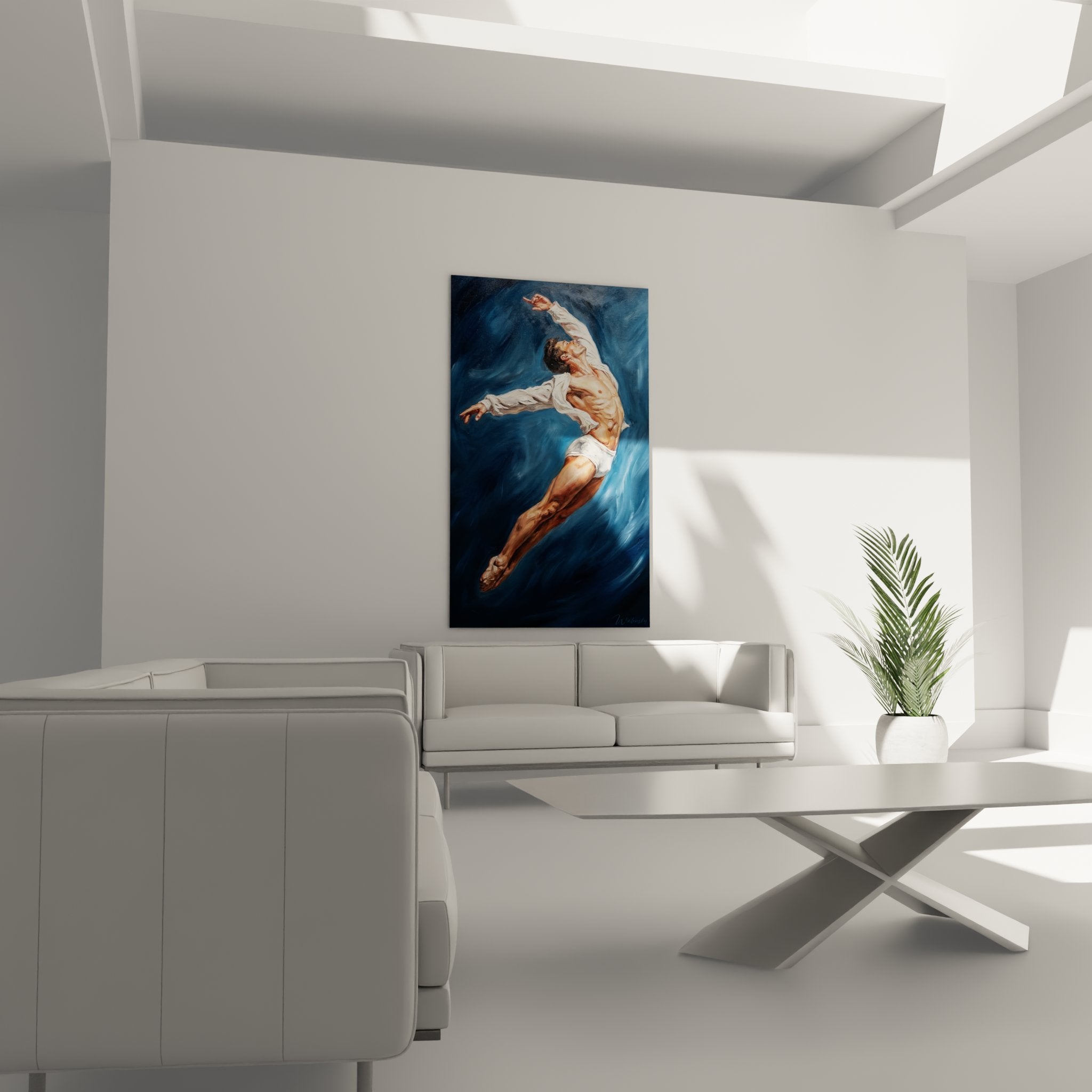 Nahaufnahme des Tänzer Wandbildes, Details der Malerei mit weißer Kleidung und muskulöser Figur in Sprungbewegung