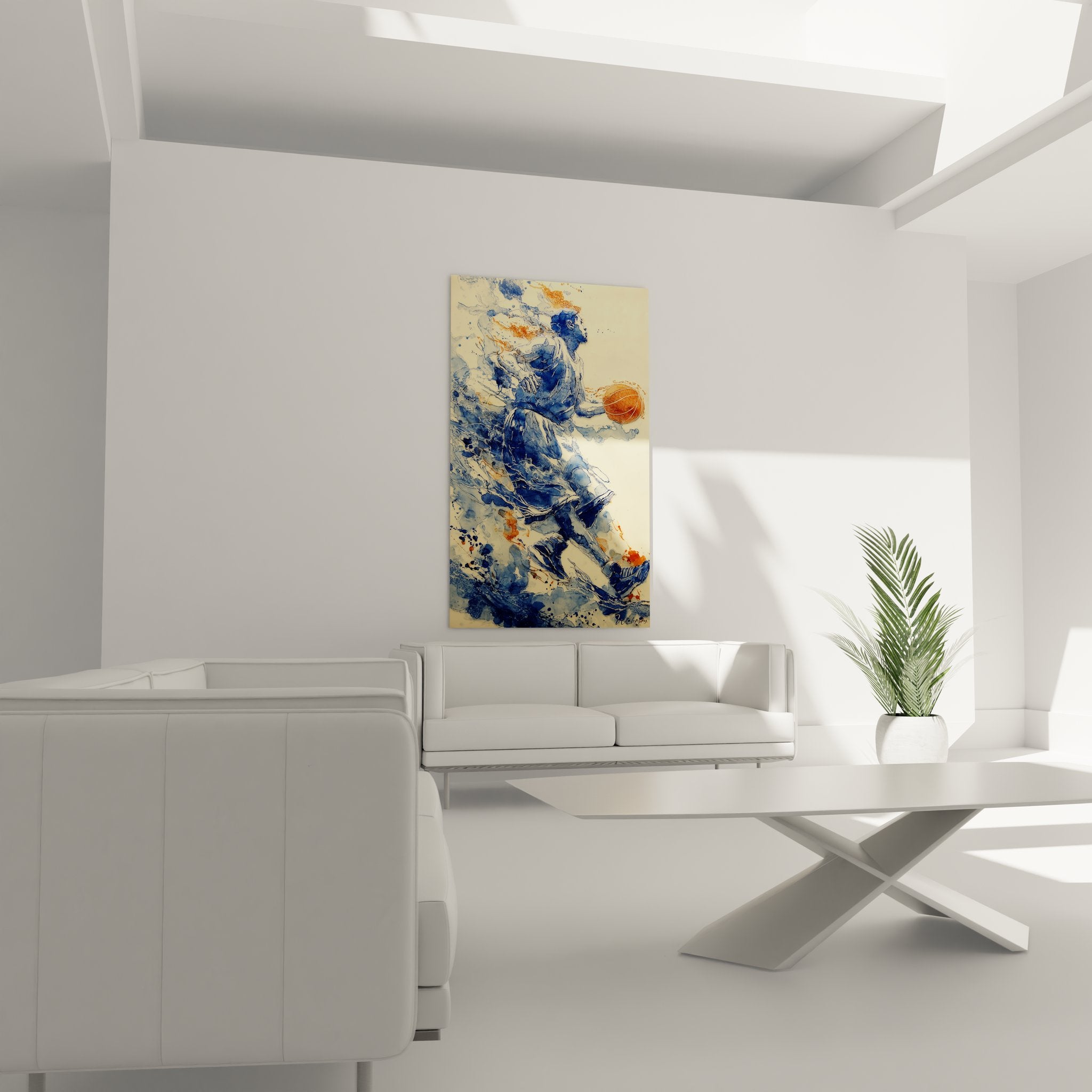 Nahaufnahme Basketball-Wandbild zeigt Details der Aquarell-Technik und Farbübergänge des Spielers