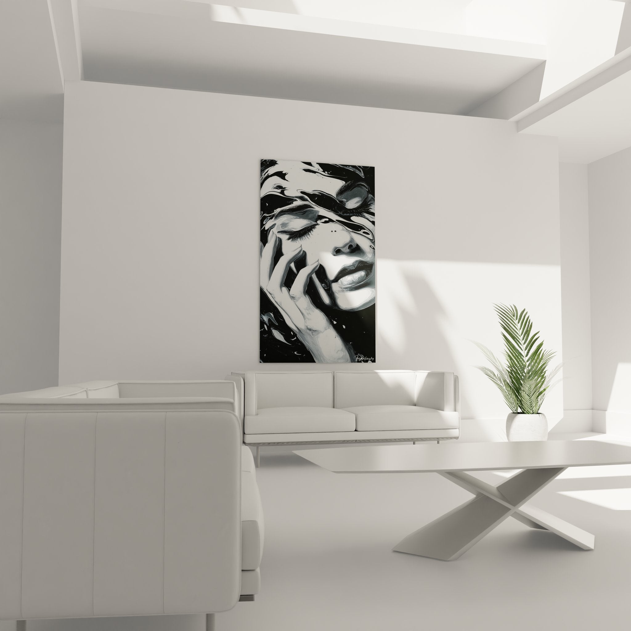 Nahaufnahme des abstrakten Frauenporträts in schwarz-weiß mit expressiven Pinselstrichen und emotionaler Tiefe